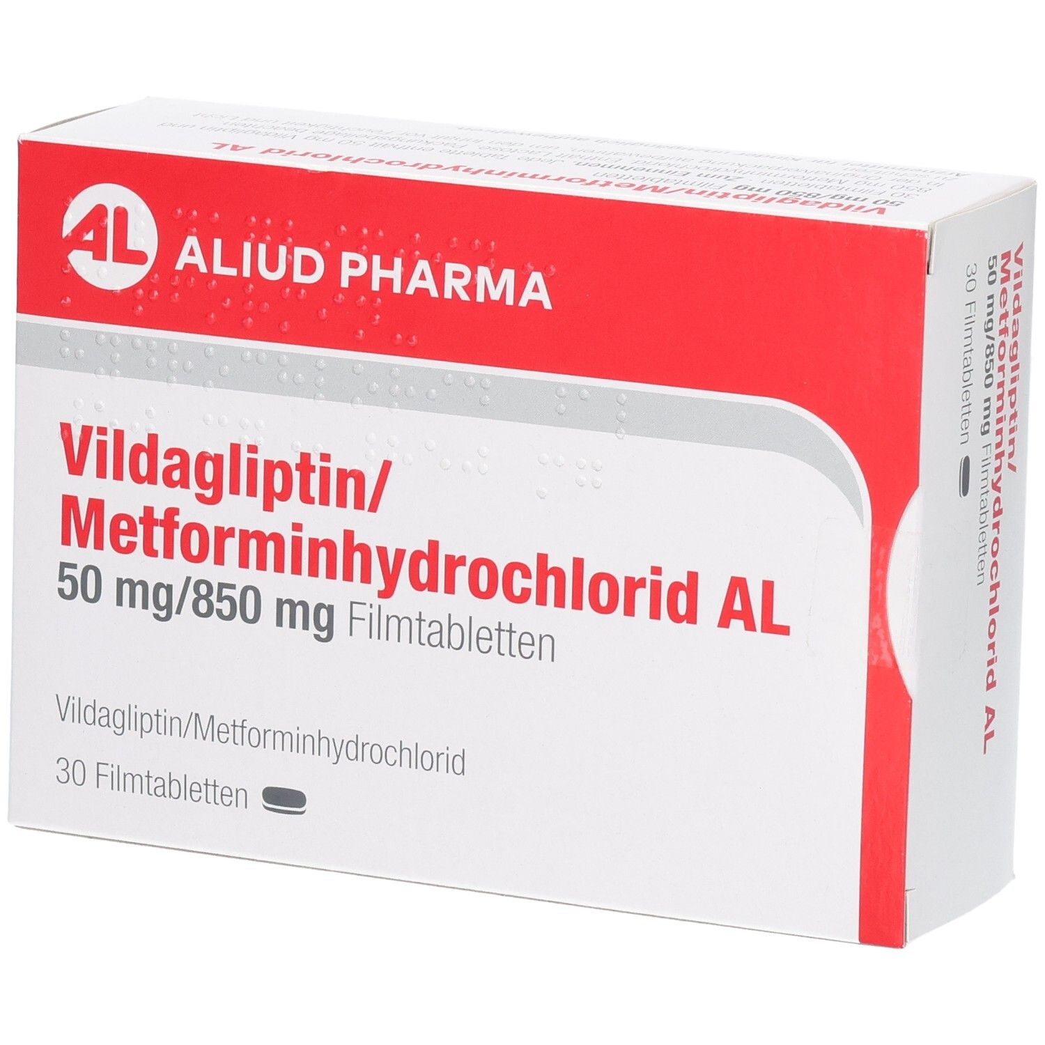 Vildagliptin/Metforminhydrochlorid AL 50mg/850mg Filmtabletten Schachtel, 30 Stück, Vorderansicht.