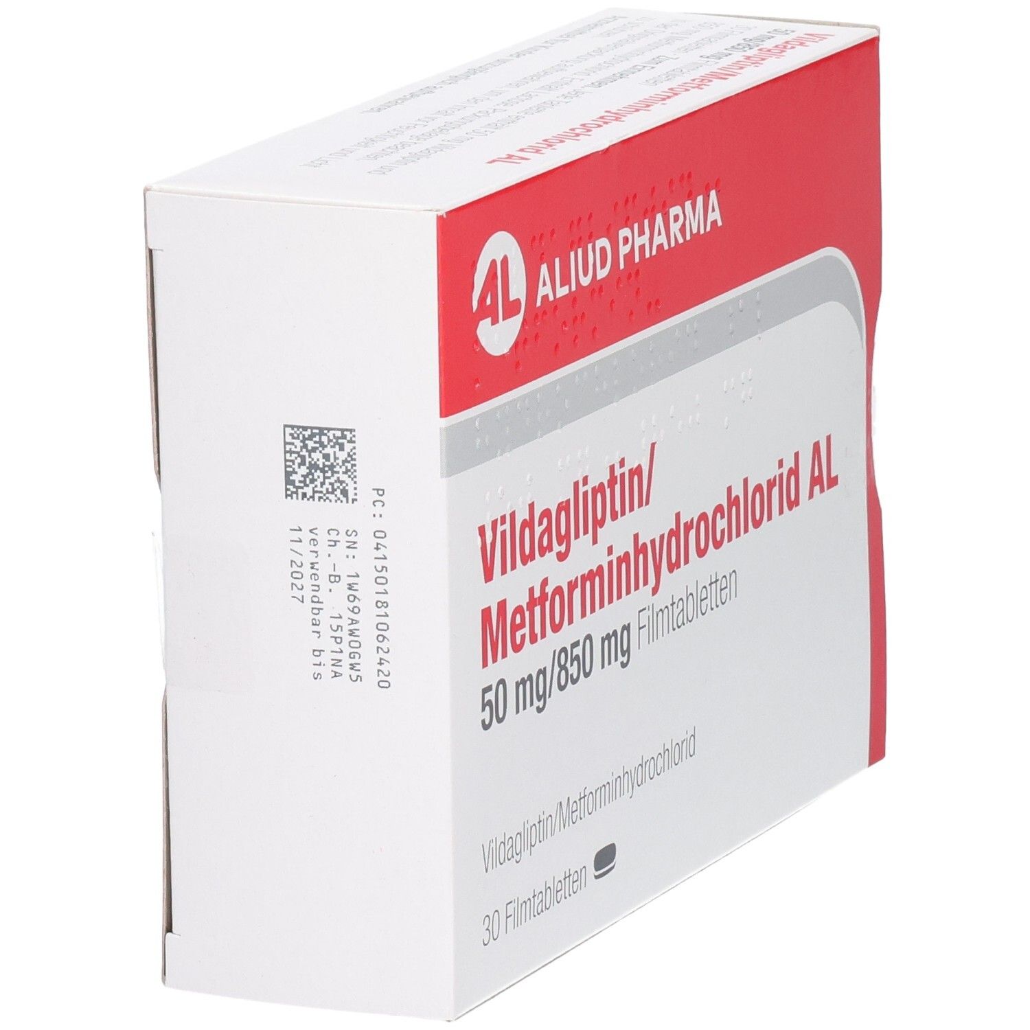 Vildagliptin/Metforminhydrochlorid AL 50mg/850mg Filmtabletten Schachtel, 30 Stück, Rückseite mit Details.