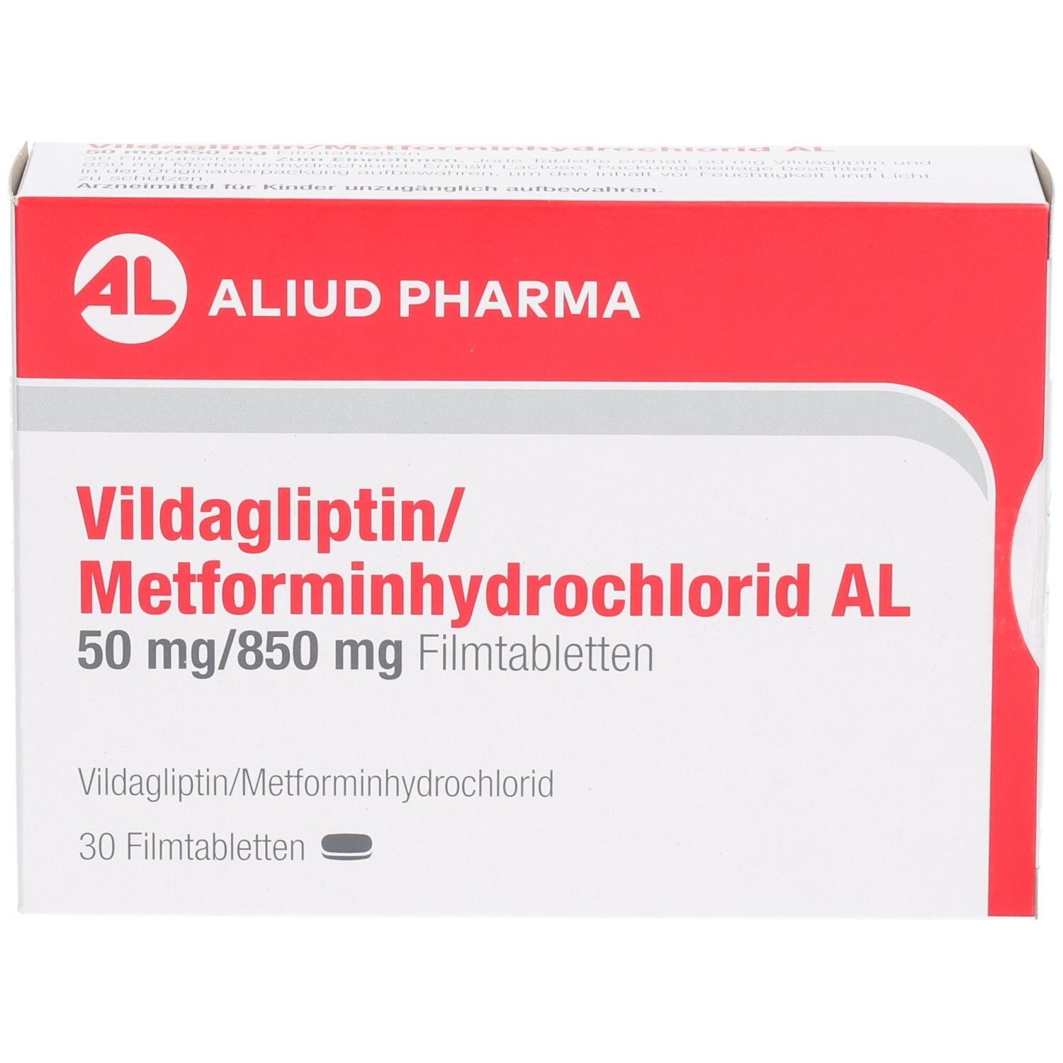 Vildagliptin/Metforminhydrochlorid AL 50mg/850mg Filmtabletten Schachtel, 30 Stück, schräge Ansicht.