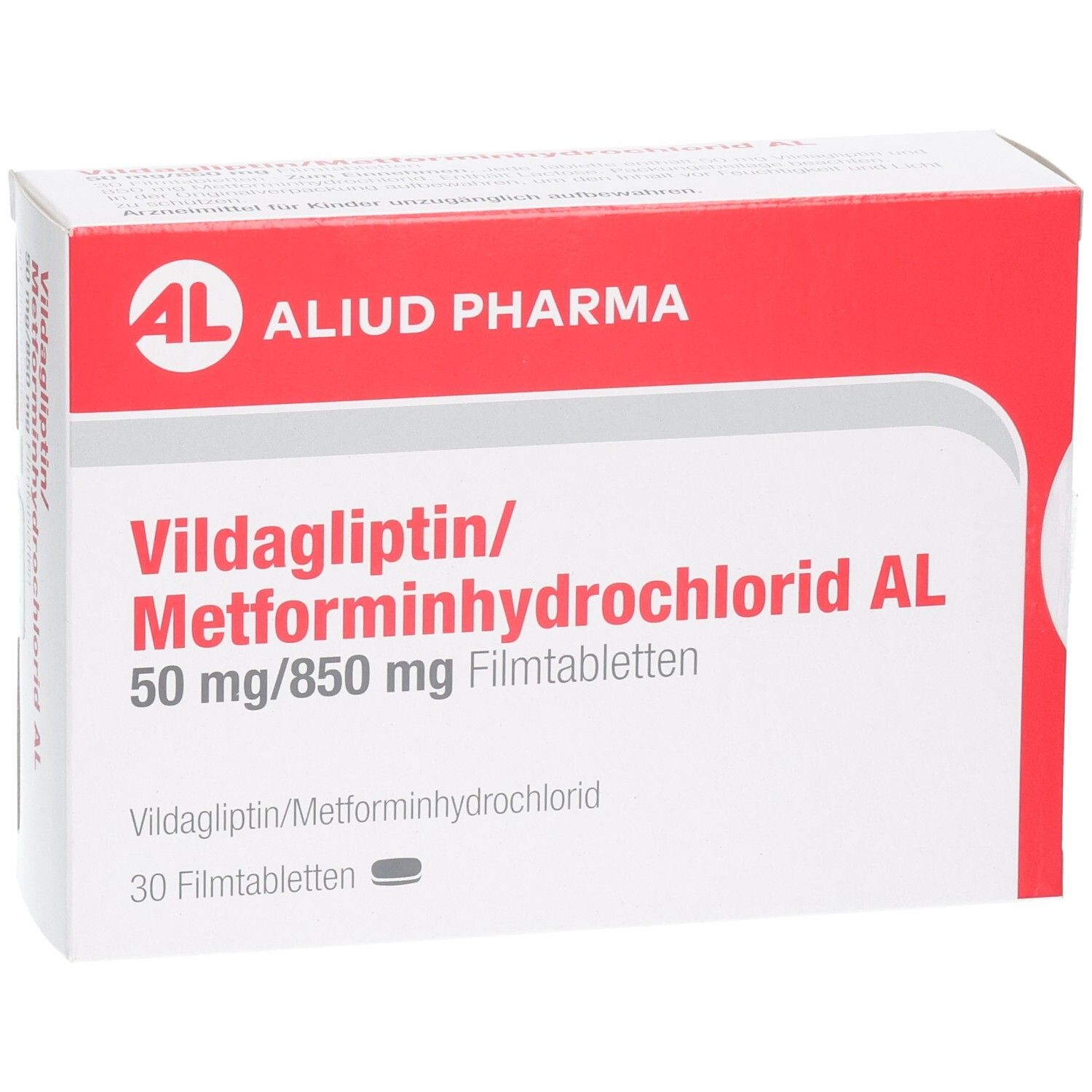 Vildagliptin/Metforminhydrochlorid AL 50mg/850mg Filmtabletten Schachtel, 30 Stück, Nahaufnahme.