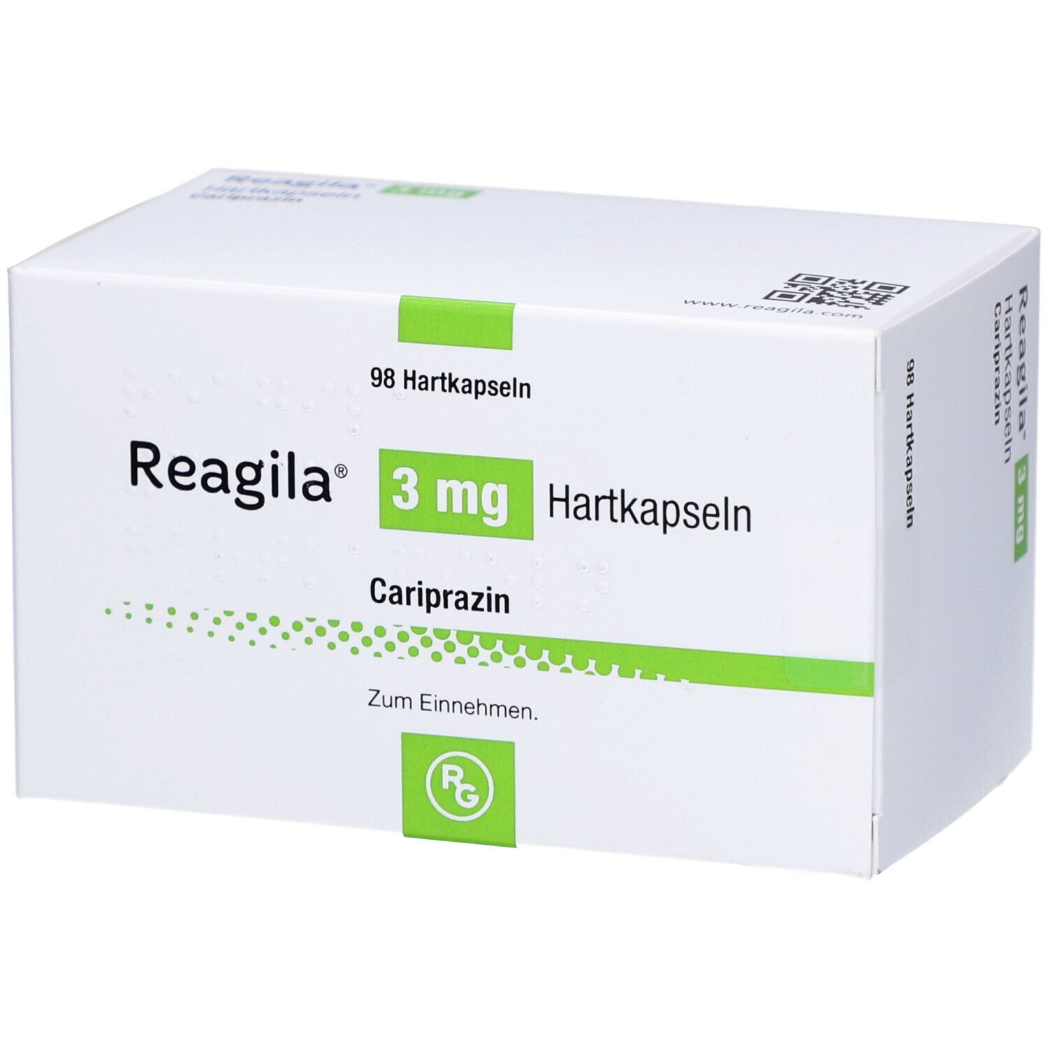 Weiße Schachtel mit grünen Akzenten. Aufschrift: Reagila 3 mg Hartkapseln, Cariprazin. Enthält 98 Hartkapseln.