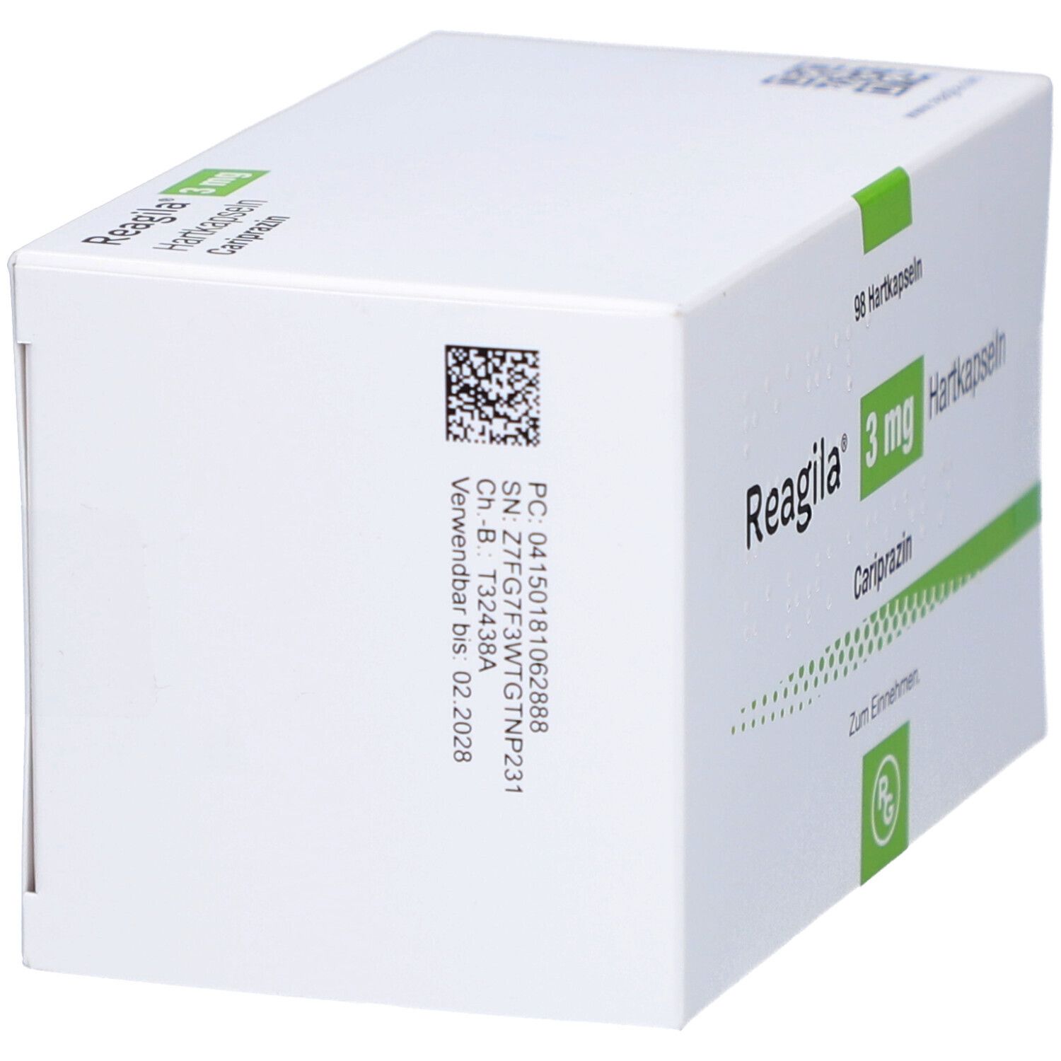 Weiße Schachtel, seitliche Ansicht. Aufschrift: Reagila 3 mg Hartkapseln, Cariprazin. Mit Barcode und Chargennummer.