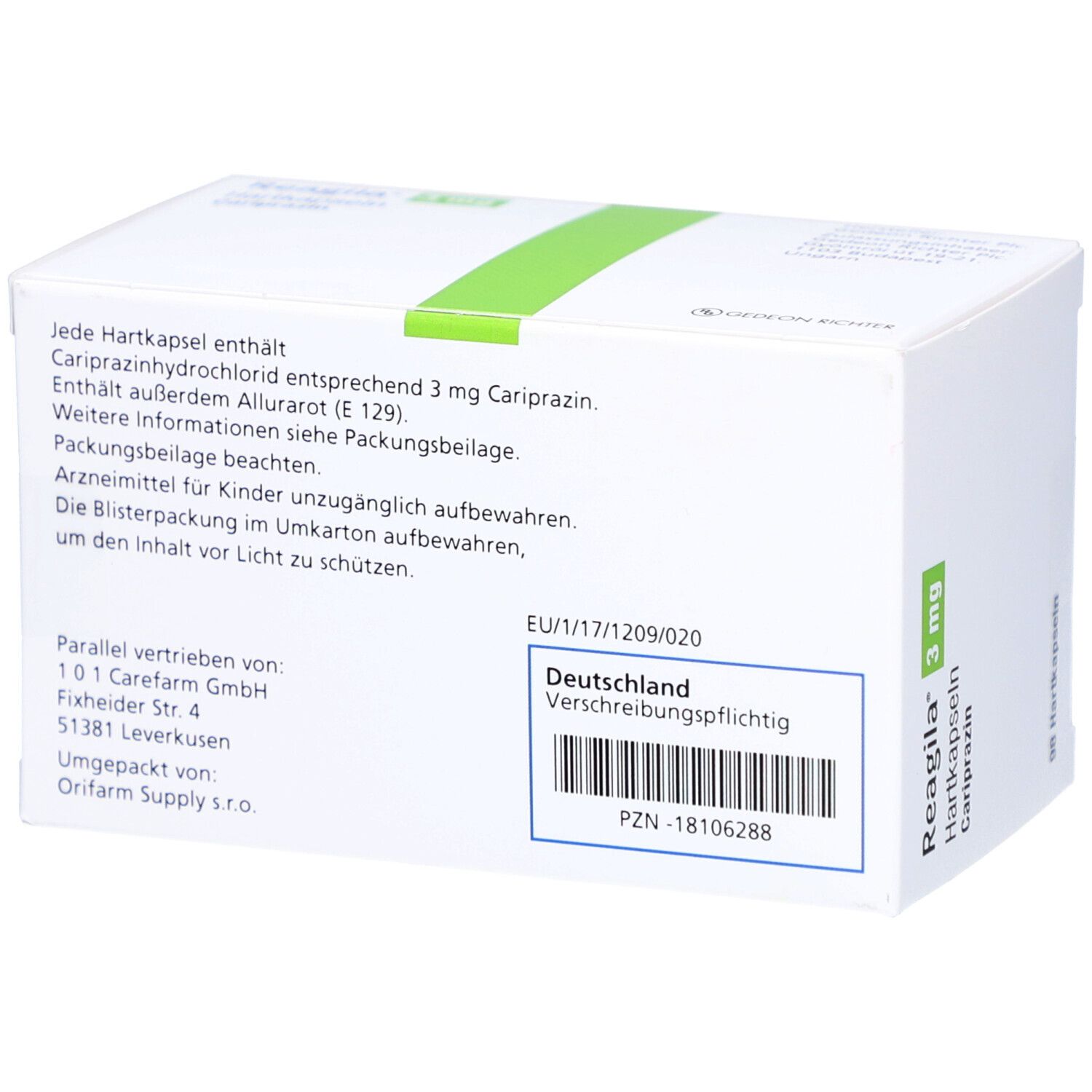 Rückseite der weißen Schachtel. Enthält Informationen zu Inhaltsstoffen, Hersteller und Dosierung. Mit Barcode.