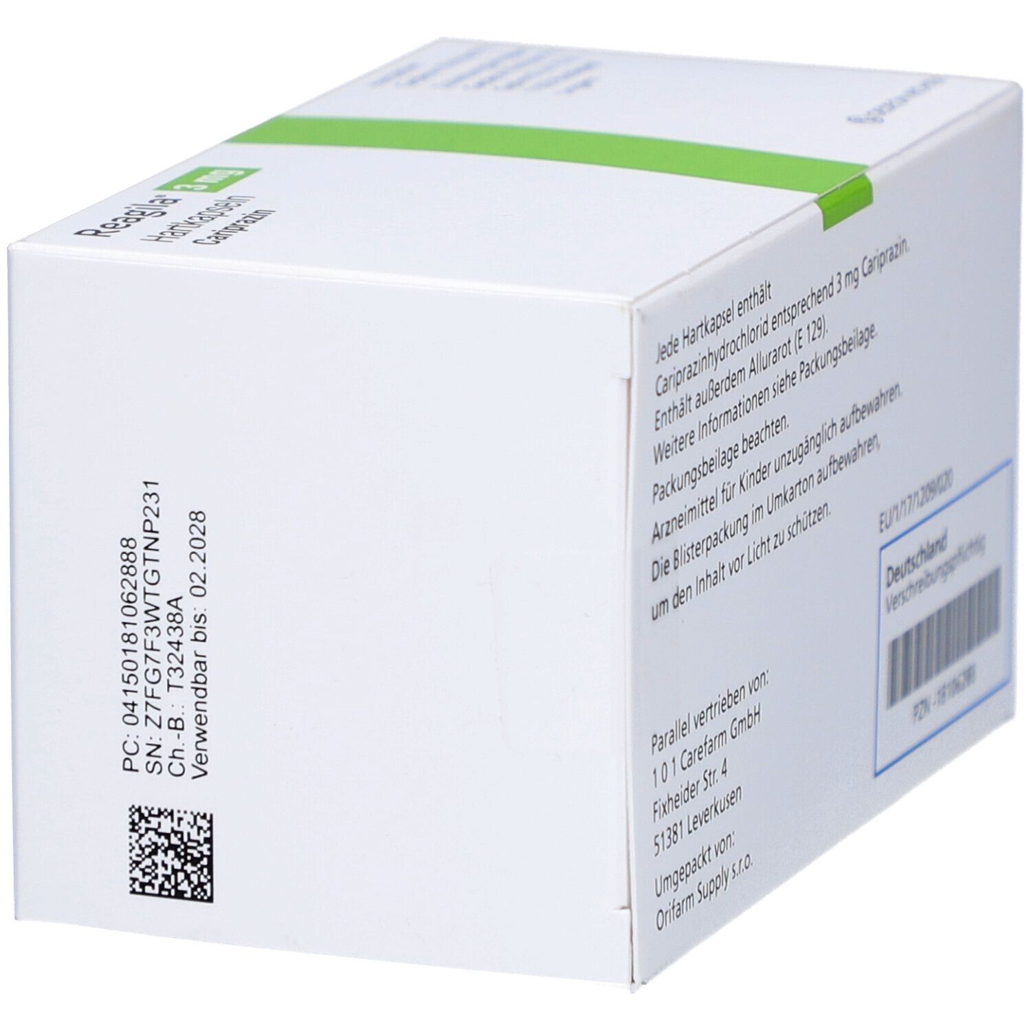 Weiße Schachtel, seitliche Ansicht. Aufschrift: Reagila 3 mg Hartkapseln, Cariprazin. Mit Barcode und Chargennummer.