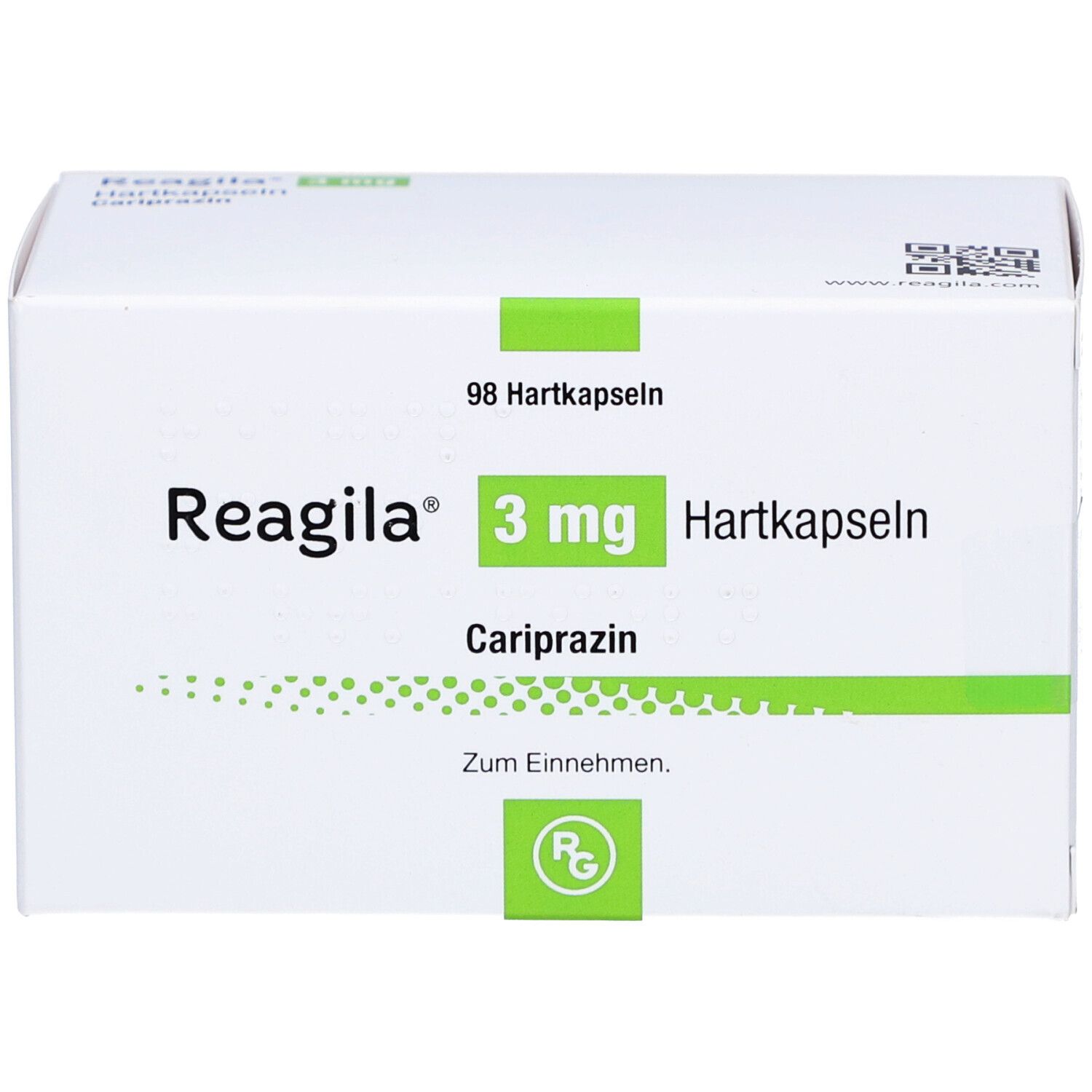 Weiße Schachtel mit grünen Akzenten. Aufschrift: Reagila 3 mg Hartkapseln, Cariprazin. Enthält 98 Hartkapseln.