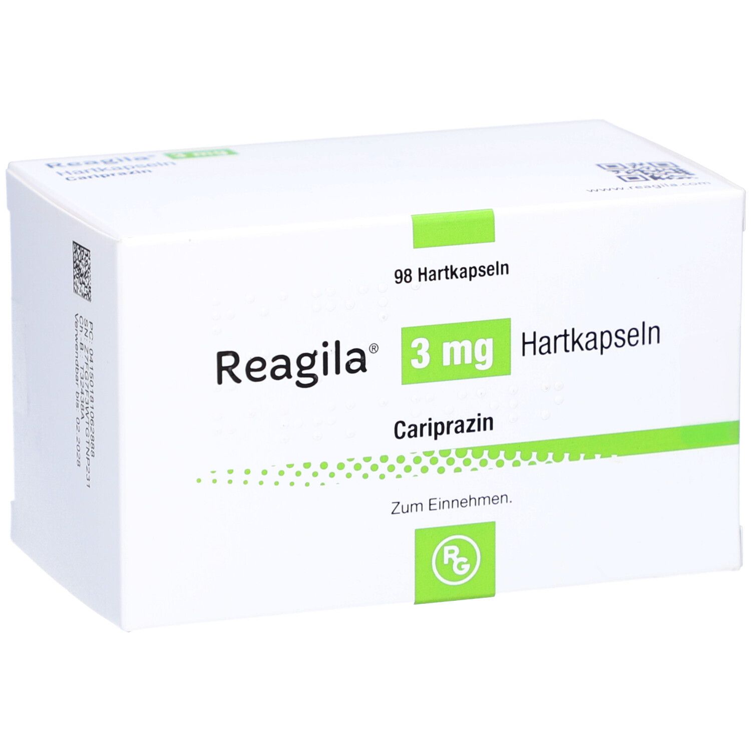 Weiße Schachtel mit grünen Akzenten. Aufschrift: Reagila 3 mg Hartkapseln, Cariprazin. Enthält 98 Hartkapseln.