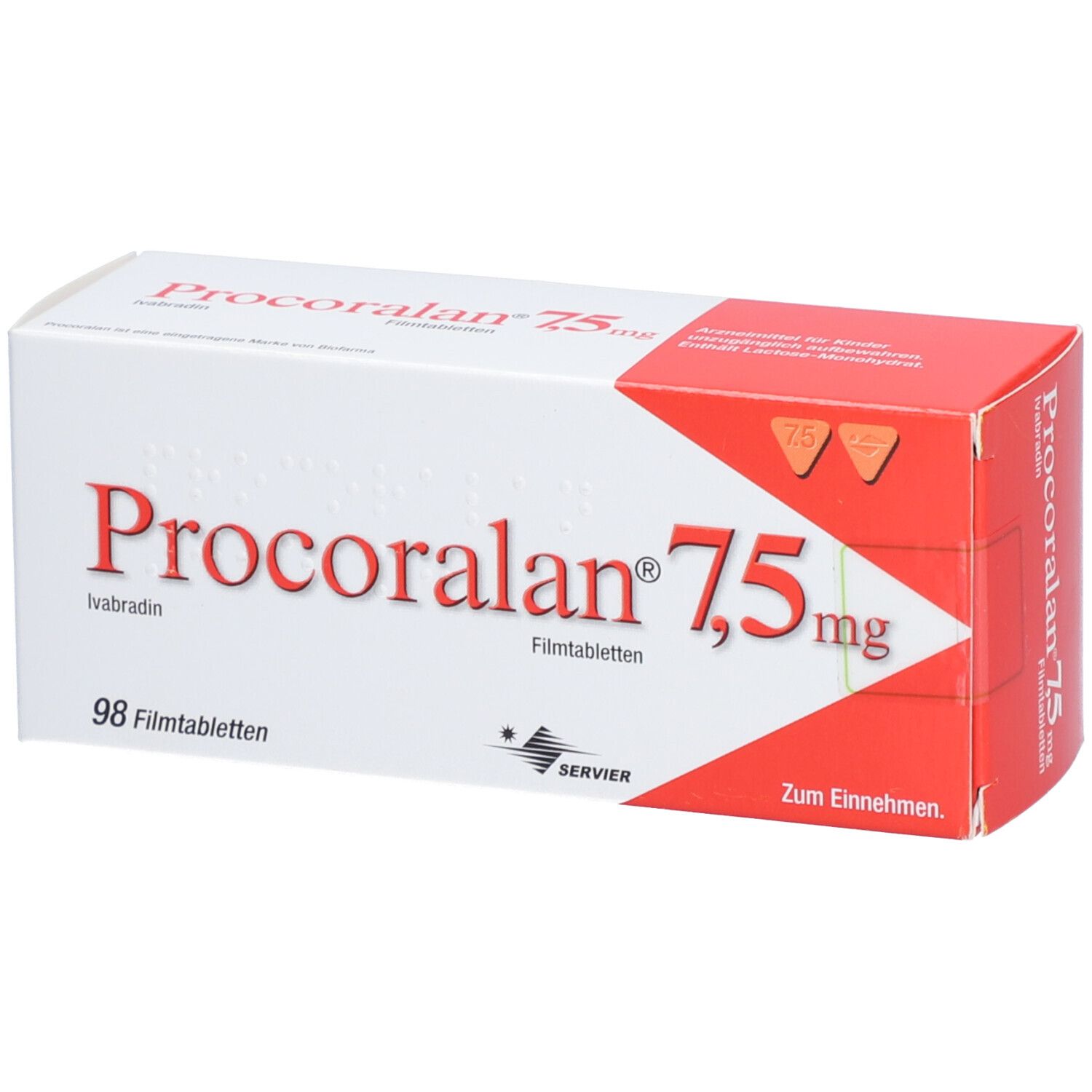 Schachtel mit PROCORALAN 7,5 mg Filmtabletten. Rote und weiße Verpackung. Aufschrift: 98 Filmtabletten, Servier.