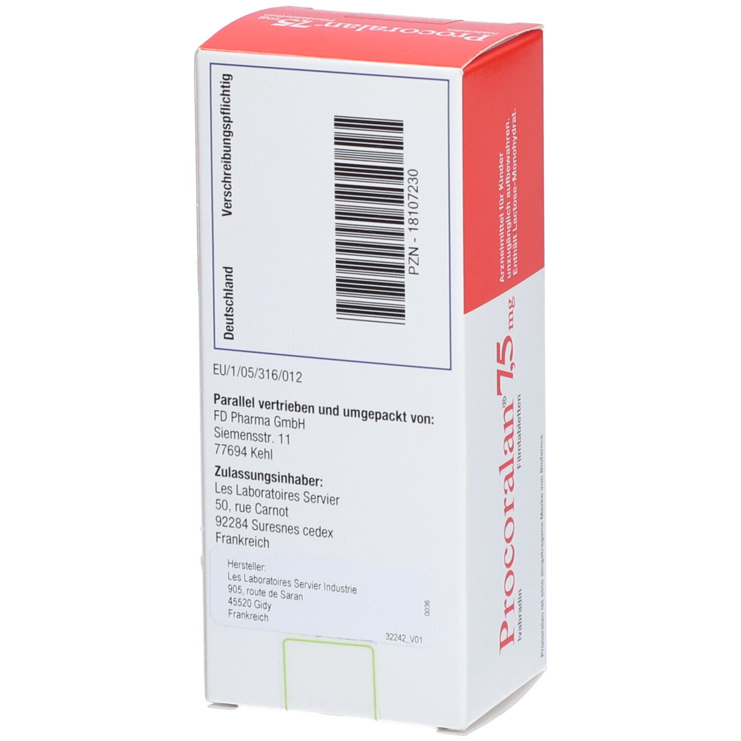 Rückseite der PROCORALAN 7,5 mg Filmtabletten-Schachtel. Text in Deutsch. Barcode und Herstellerinformationen.