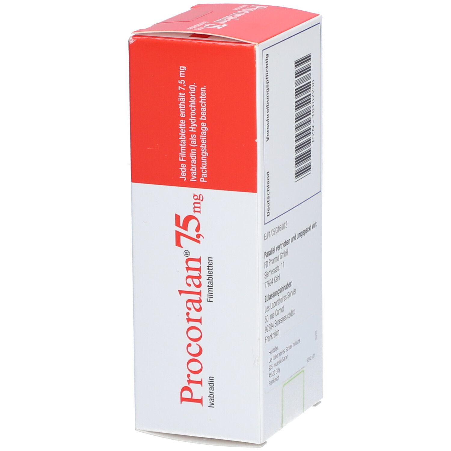PROCORALAN 7,5 mg Filmtabletten-Schachtel. Rote und weiße Verpackung. Text: Ivabradin, Filmtabletten.