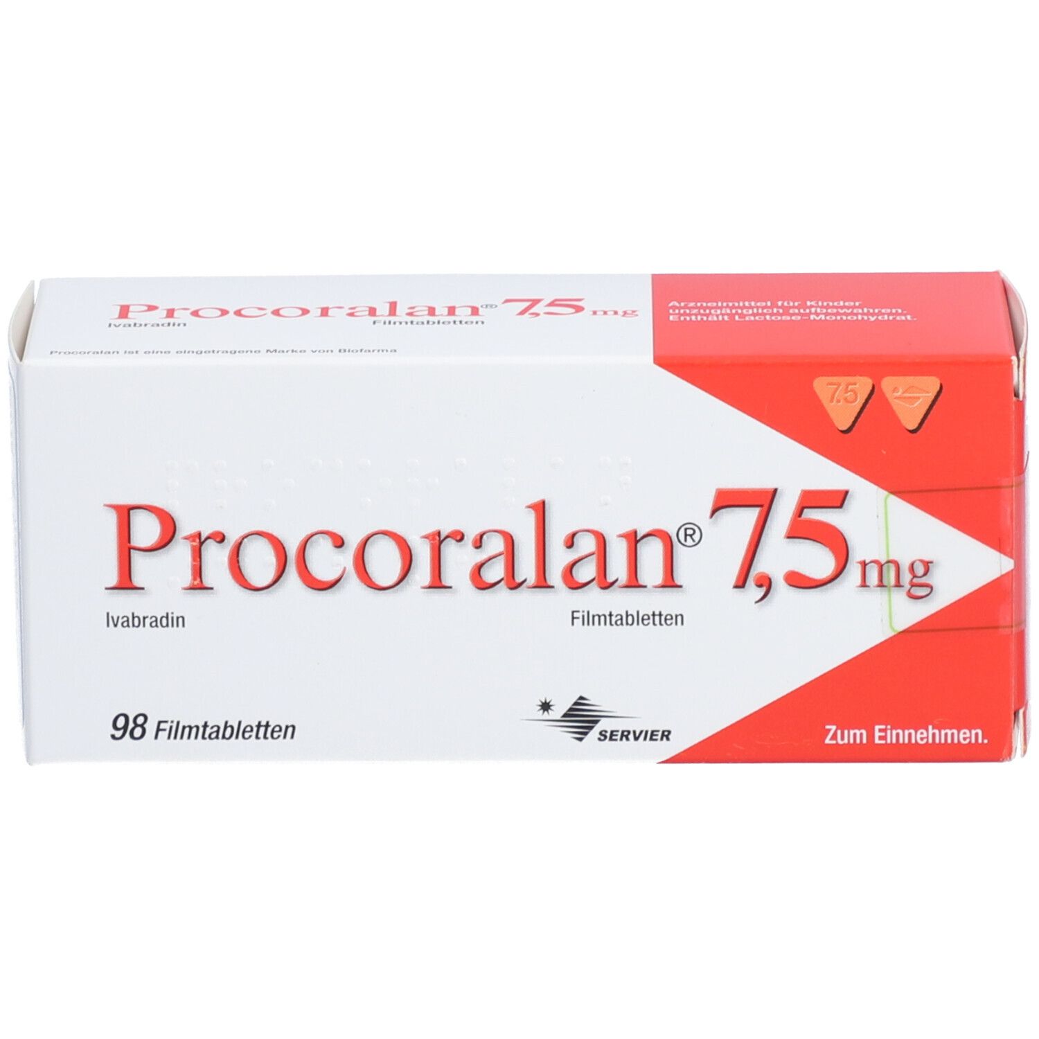 PROCORALAN 7,5 mg Filmtabletten-Schachtel. Rote und weiße Verpackung. Aufschrift: 98 Filmtabletten, Servier.