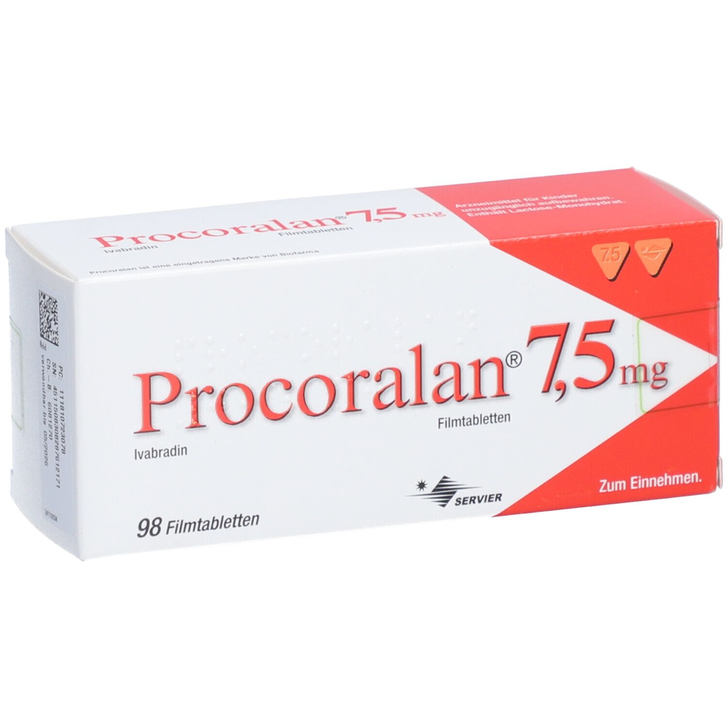 PROCORALAN 7,5 mg Filmtabletten-Schachtel. Rote und weiße Verpackung. Aufschrift: 98 Filmtabletten, Servier.