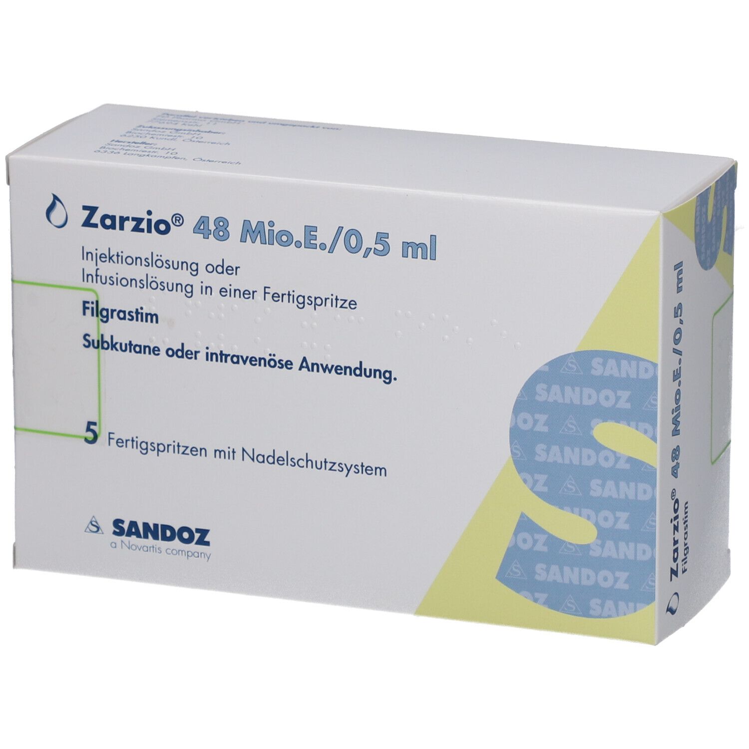 Zarzio 48 Mio.E./0,5 ml Injektionslösung in einer Fertigspritze. 5 Fertigspritzen mit Nadelschutzsystem. Sandoz-Verpackung.