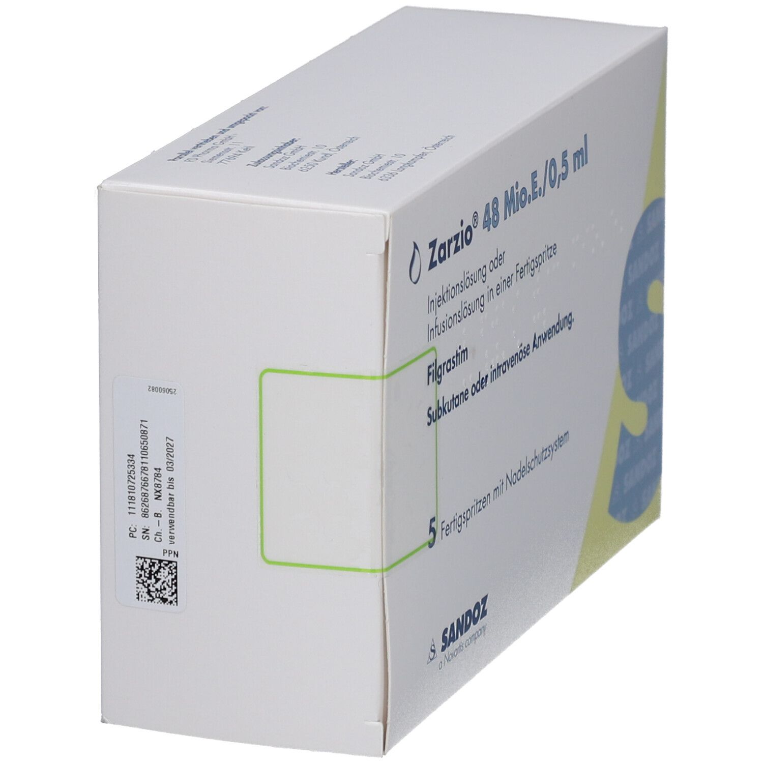 Zarzio-Verpackung, Seitenansicht. Enthält 5 Fertigspritzen. Text: Zarzio 48 Mio.E./0,5 ml. Sandoz-Logo. QR-Code und Chargennummer.