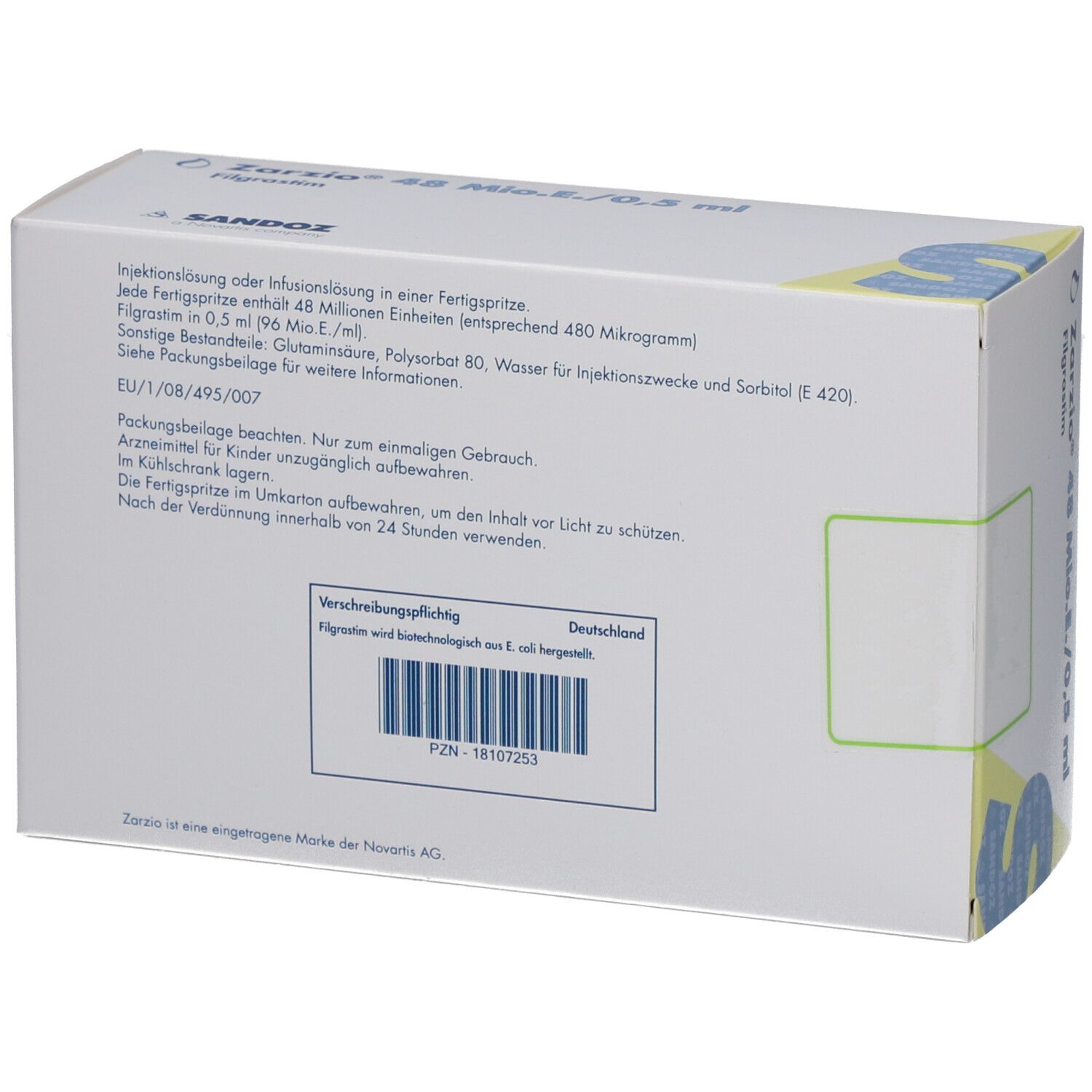 Rückseite der Zarzio-Verpackung. Text: Injektionslösung, Filgrastim, Inhaltsstoffe, Chargennummer, PZN-Code. Sandoz-Logo. Kühl lagern.