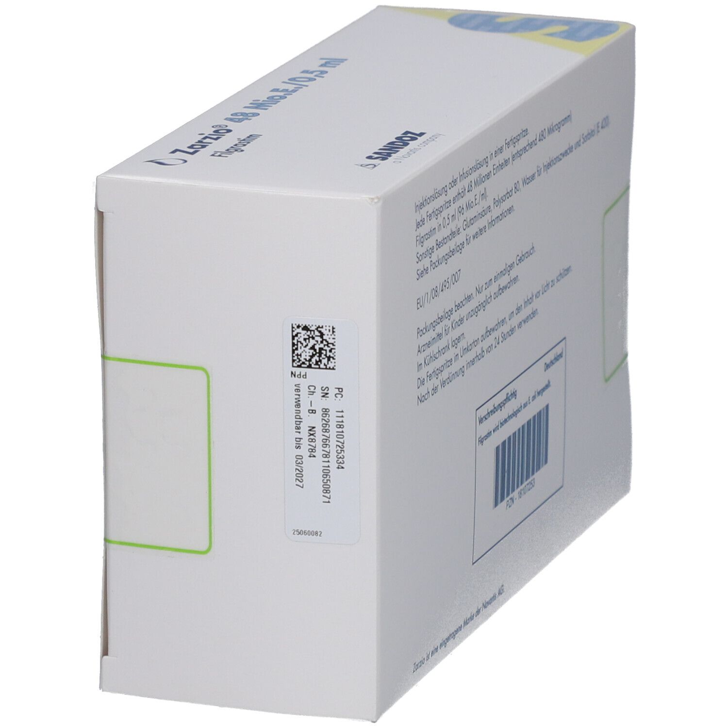 Zarzio-Verpackung, Seitenansicht. Text: Zarzio 48 Mio.E./0,5 ml. Chargennummer, Verfallsdatum, PZN-Code. Sandoz-Logo. QR-Code.