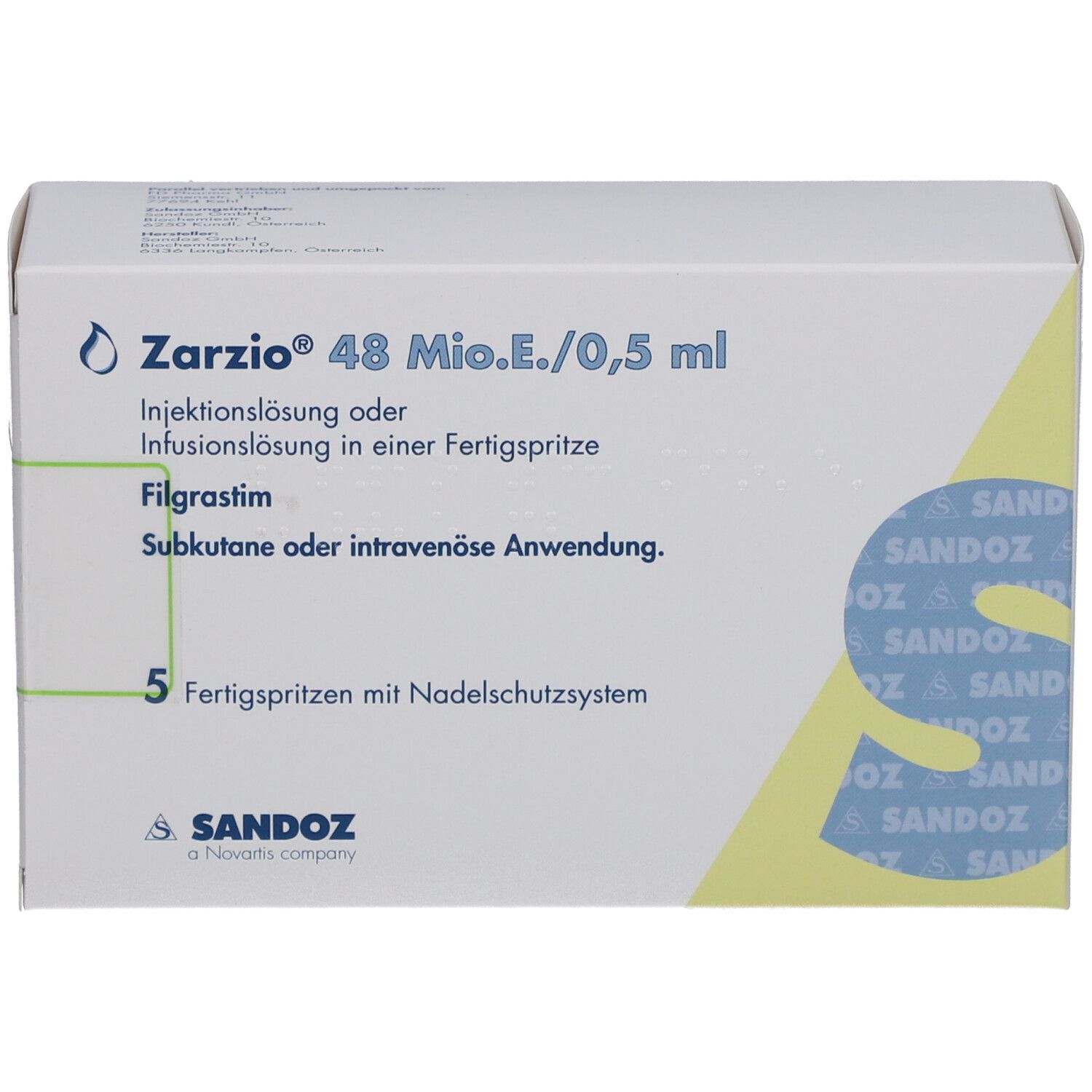 Zarzio 48 Mio.E./0,5 ml Injektionslösung in einer Fertigspritze. 5 Fertigspritzen mit Nadelschutzsystem. Sandoz-Verpackung.