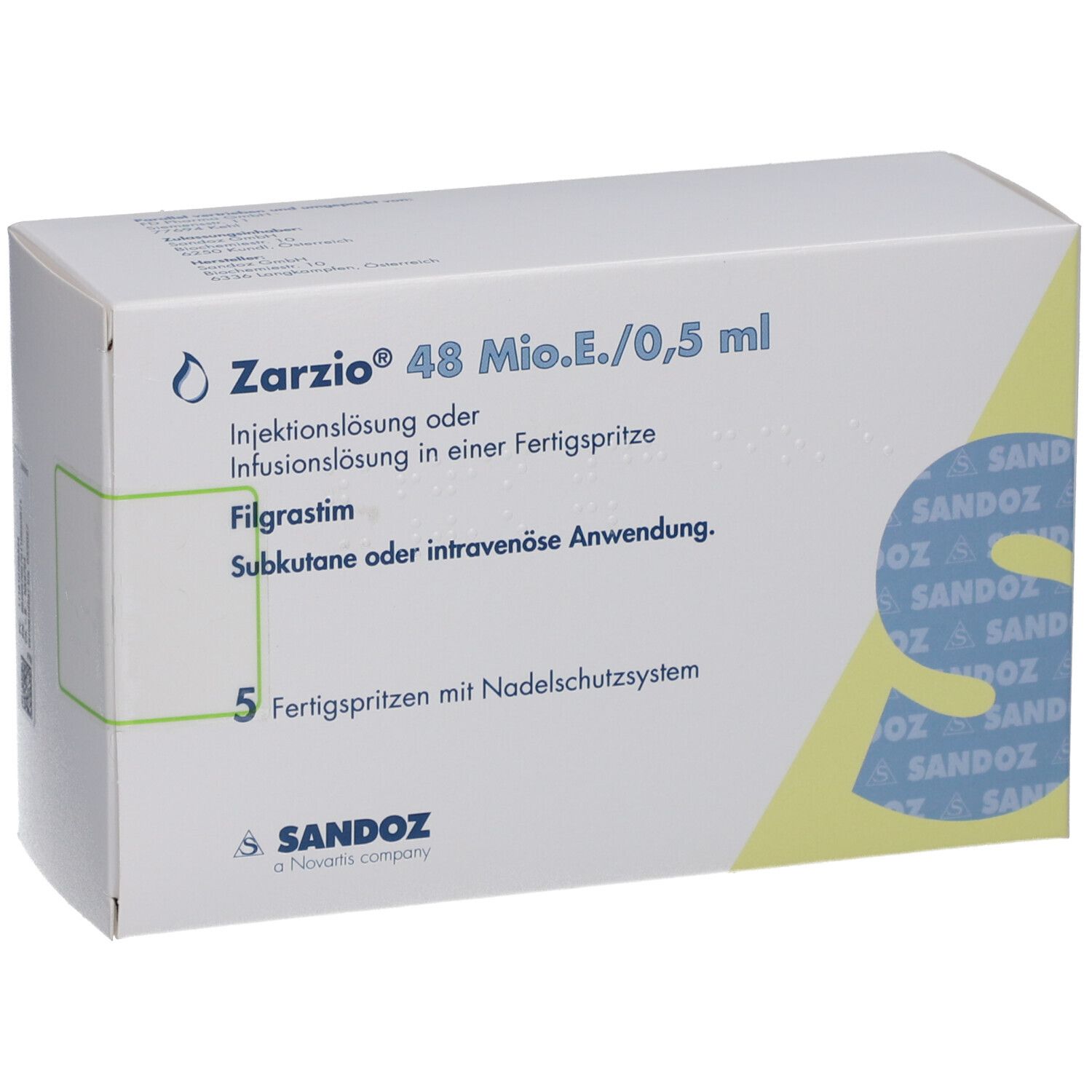 Zarzio 48 Mio.E./0,5 ml Injektionslösung in einer Fertigspritze. 5 Fertigspritzen mit Nadelschutzsystem. Sandoz-Verpackung.