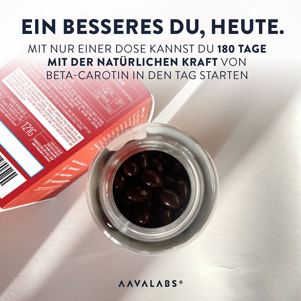 Glasflasche mit 180 braunen Beta-Carotin-Weichkapseln und weißem Etikett.