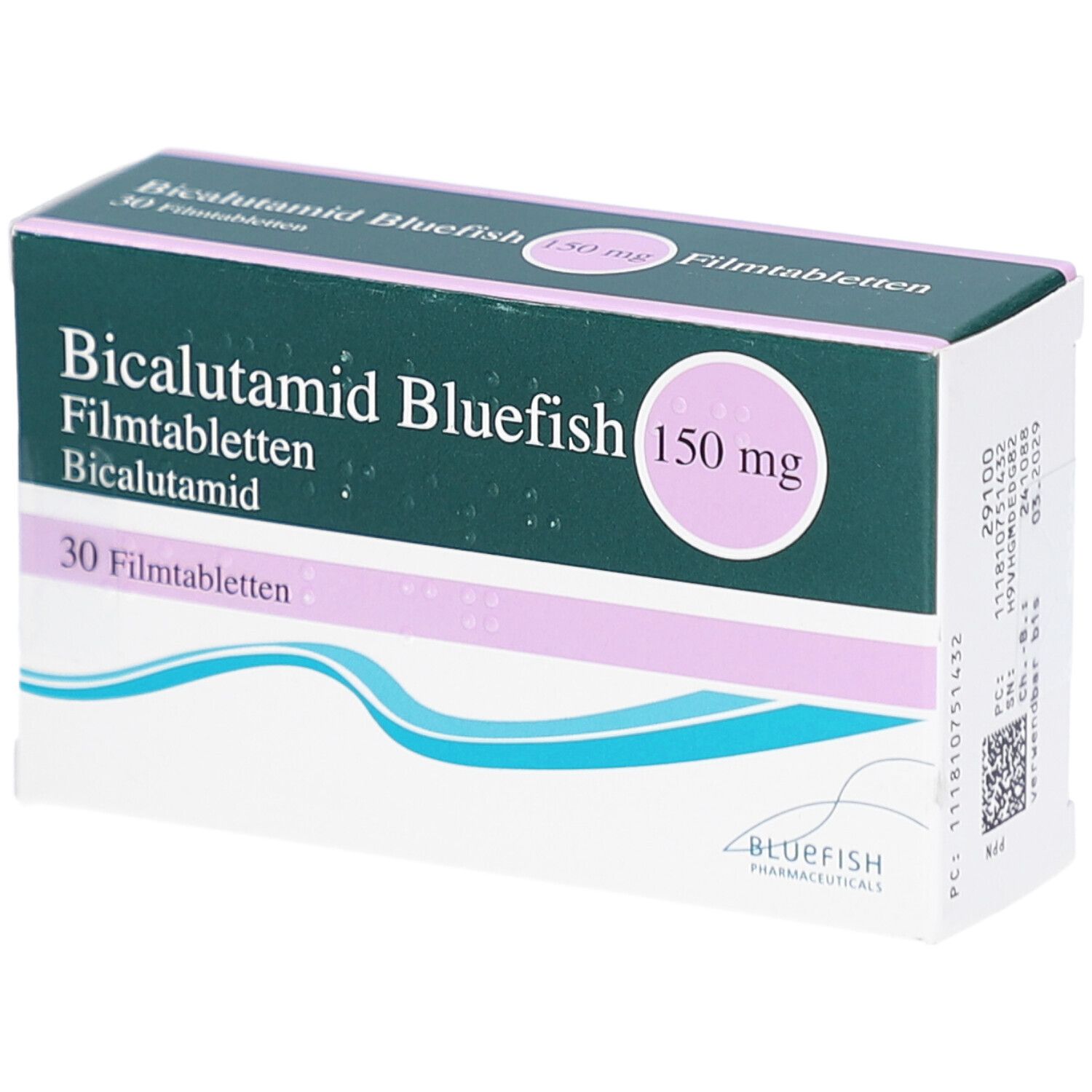 Schachtel Bicalutamid Bluefish 150 mg Filmtabletten. 30 Tabletten. Grün, weiß und rosa. Aufschrift: Bicalutamid, Bluefish, 150 mg.
