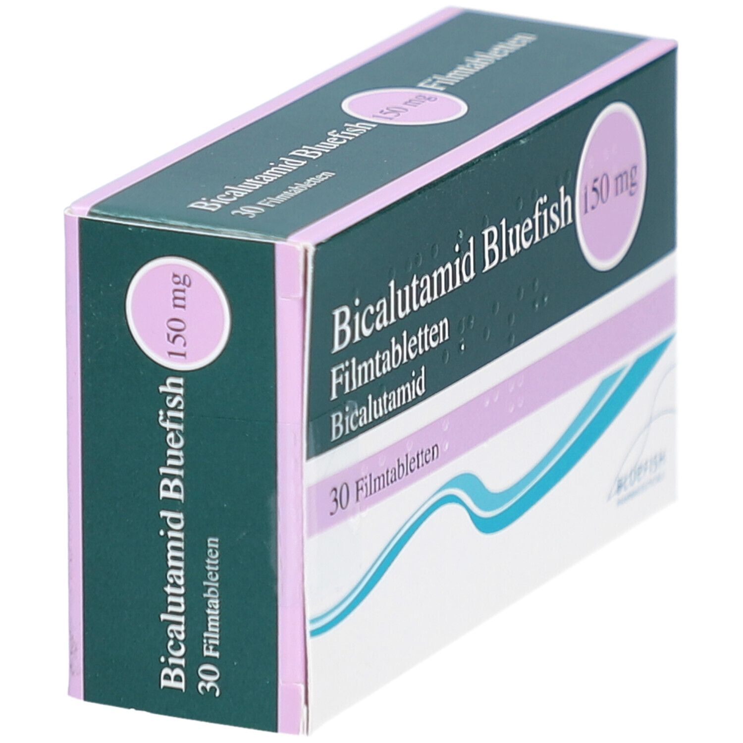 Schachtel Bicalutamid Bluefish 150 mg Filmtabletten. 30 Tabletten. Grün, weiß und rosa. Aufschrift: Bicalutamid, Bluefish, 150 mg. Schräge Ansicht.