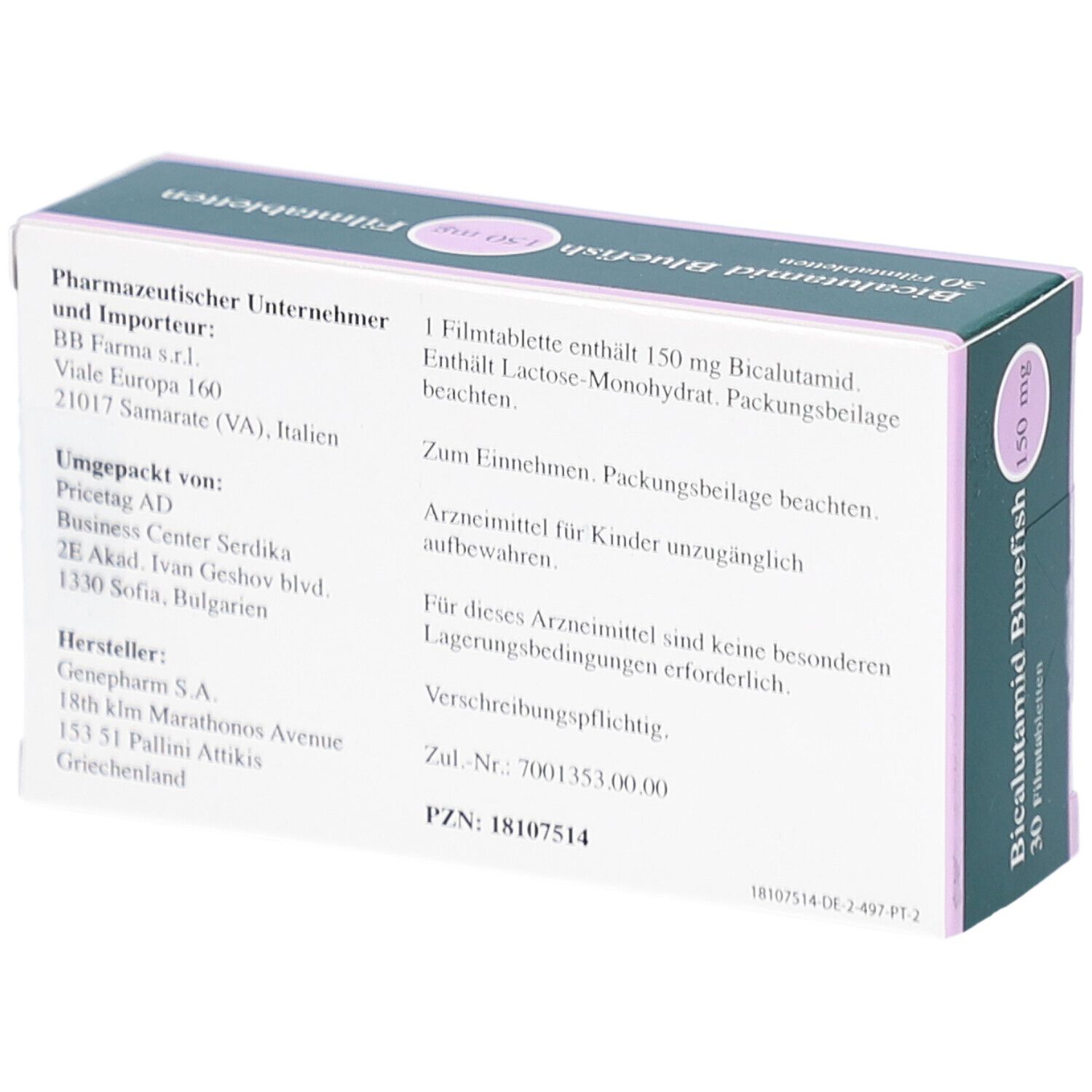 Rückseite der Schachtel Bicalutamid Bluefish 150 mg Filmtabletten. Text in Deutsch. Herstellerinformationen, Inhaltsstoffe, Dosierung.