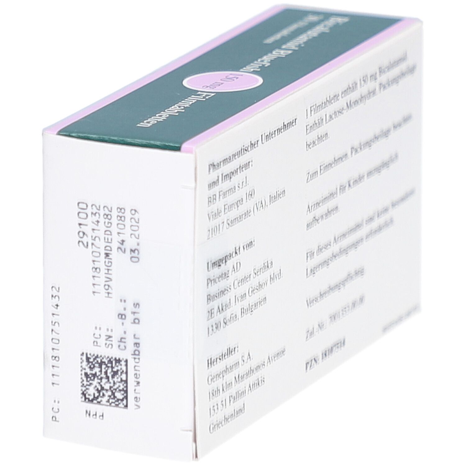 Rückseite der Schachtel Bicalutamid Bluefish 150 mg Filmtabletten. Text in Deutsch. Chargennummer, Verfallsdatum, Barcode.