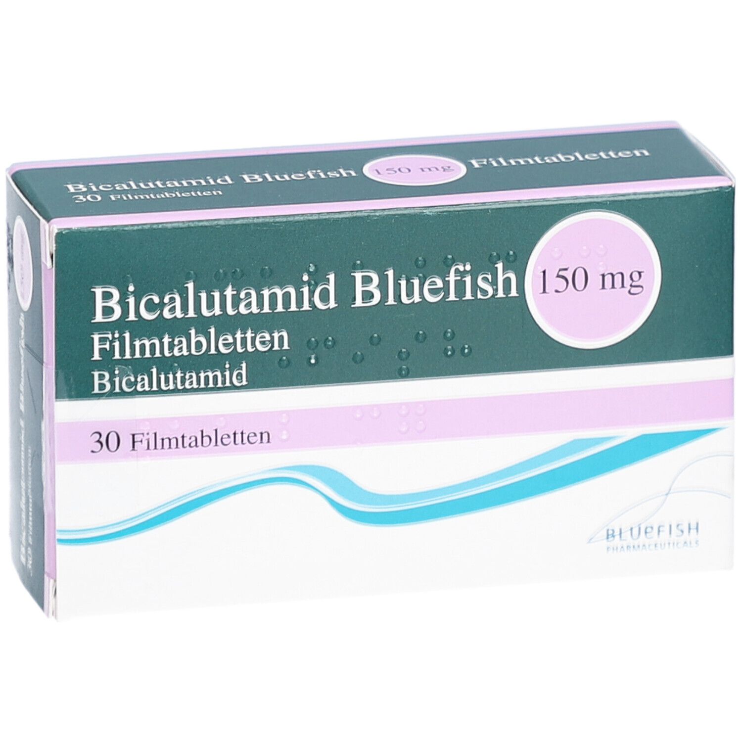 Schachtel Bicalutamid Bluefish 150 mg Filmtabletten. 30 Tabletten. Grün, weiß und rosa. Aufschrift: Bicalutamid, Bluefish, 150 mg.