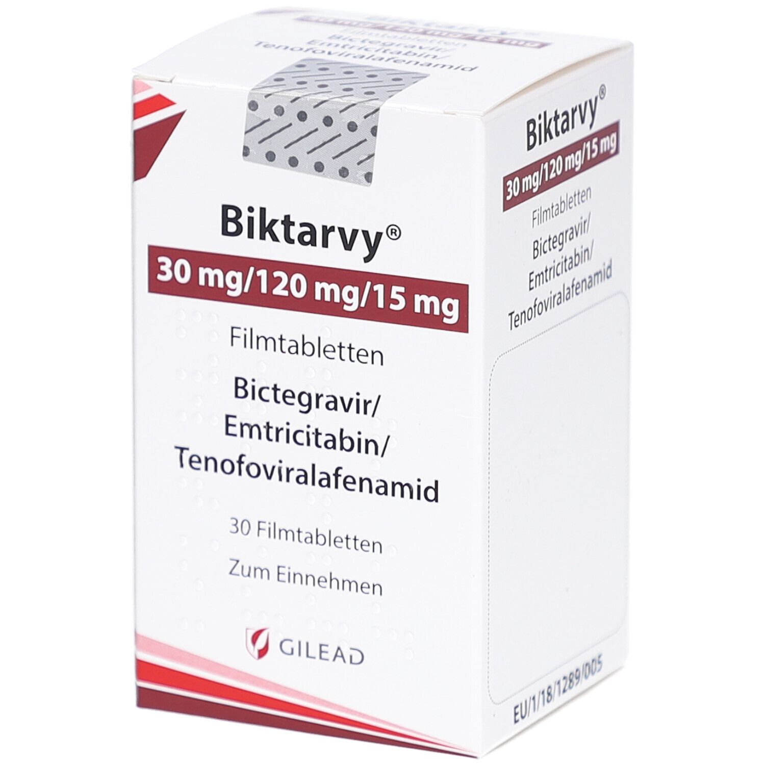 Schachtel mit Biktarvy 30 mg/120 mg/15 mg Filmtabletten. Rote und weiße Farbgebung. Produktinformationen und Markenlogo.