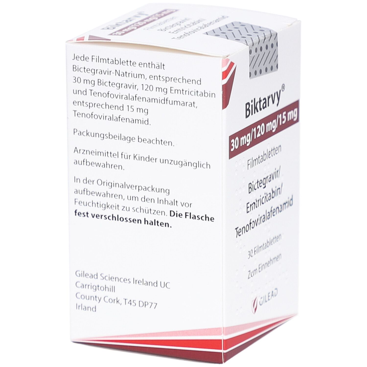 Rückseite der Biktarvy-Schachtel. Enthält Produktinformationen, Inhaltsstoffe und Herstelleradresse. Text in Deutsch.