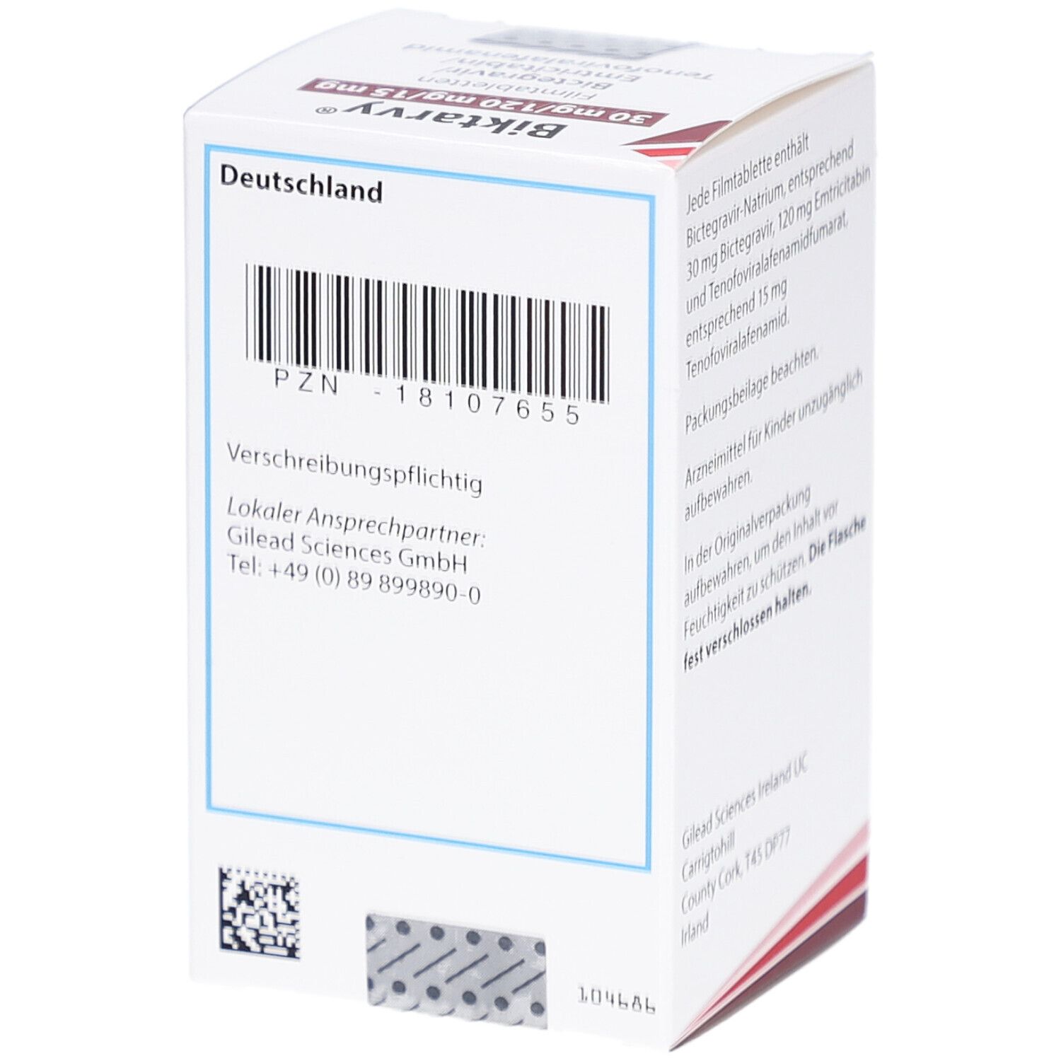 Rückseite der Biktarvy-Schachtel mit Barcode und Produktinformationen. Text in Deutsch. Herkunftsland: Deutschland.