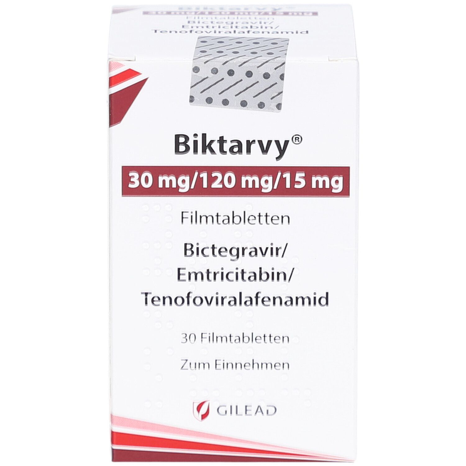 Vorderansicht der Biktarvy-Schachtel. Enthält Produktnamen, Dosierung, Inhaltsstoffe und Herstellerlogo. Text in Deutsch.