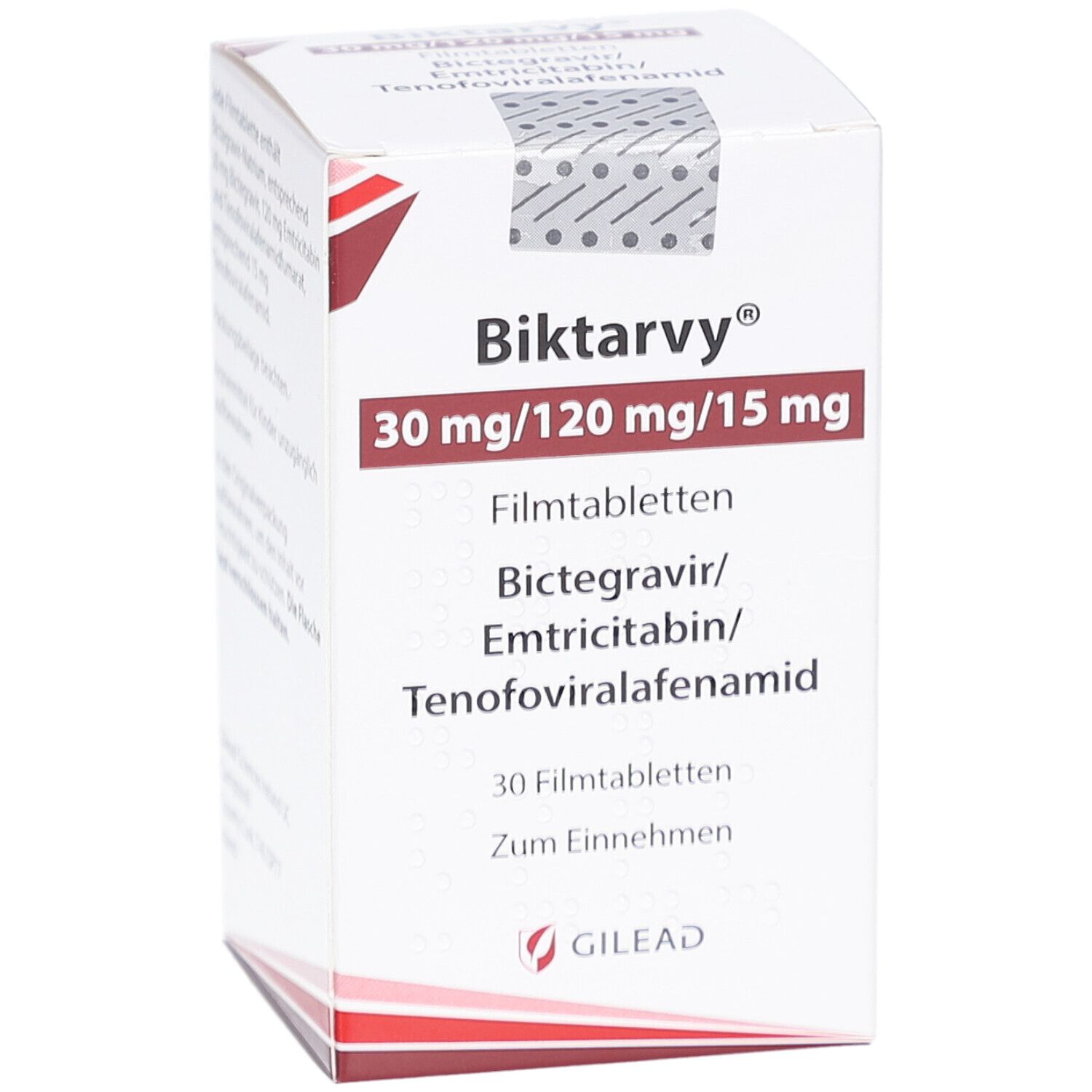 Vorderansicht der Biktarvy-Schachtel. Enthält Produktnamen, Dosierung, Inhaltsstoffe und Herstellerlogo. Text in Deutsch.