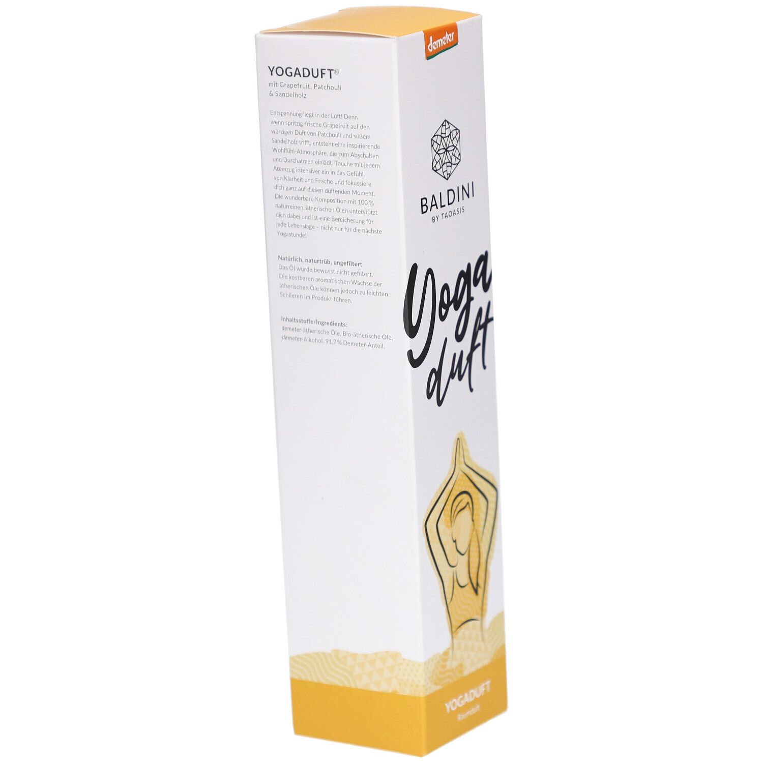 Weißer Karton mit Produktinformationen. Logo, Schriftzug "Yoga duft" und Abbildung einer Person in Yoga-Pose. Demeter-Siegel.