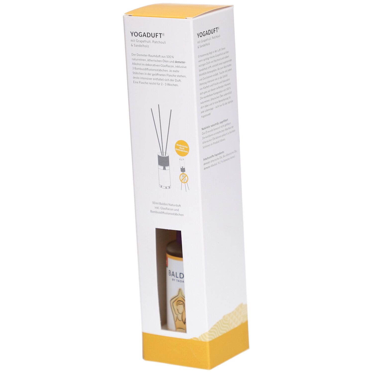 Produktverpackung mit Sichtfenster. Innenliegend: Flasche und Diffusor-Stäbchen. Text: "Yoga duft". Demeter-Siegel.