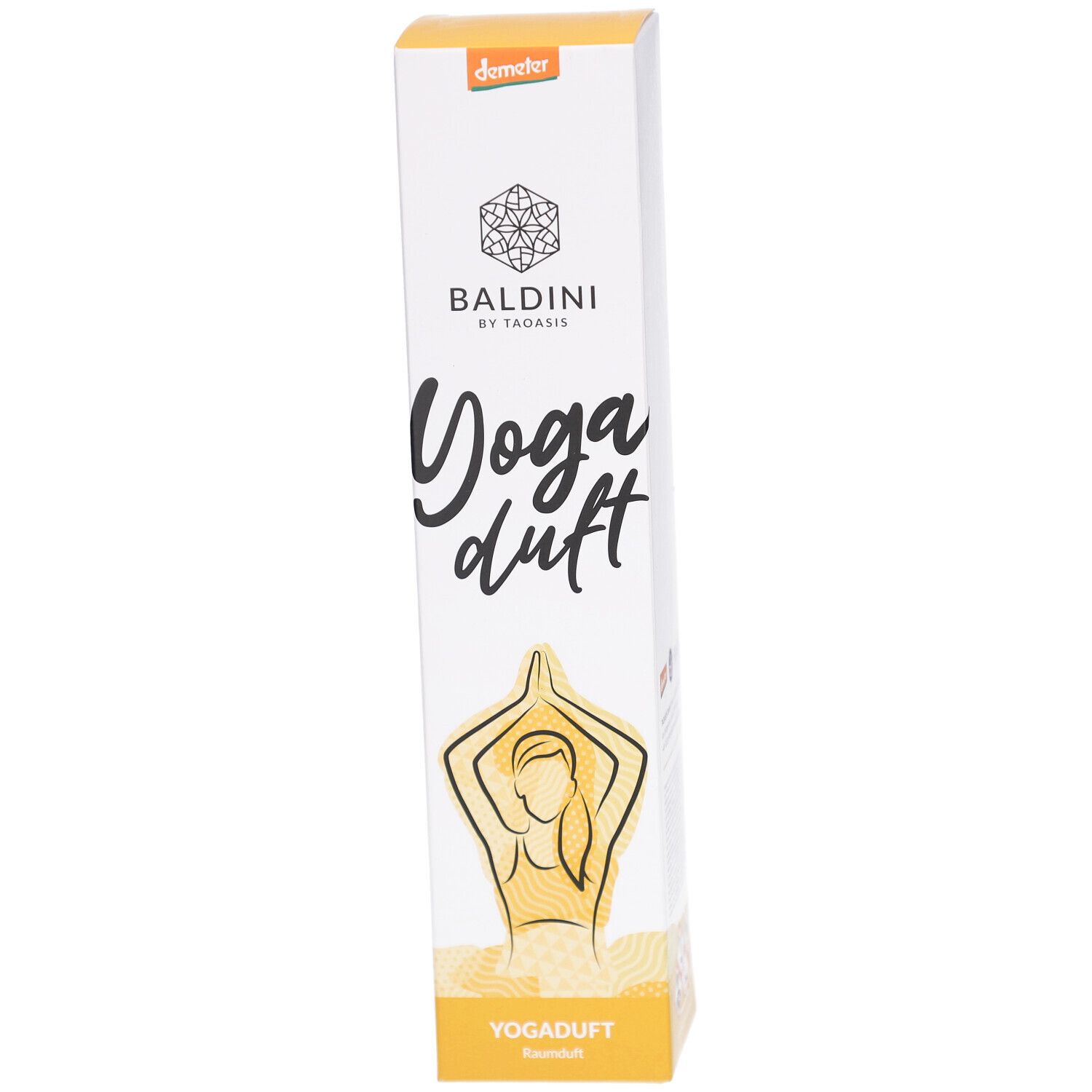 Weißer Karton mit Logo, Schriftzug "Yoga duft" und Abbildung einer Person in Yoga-Pose. Demeter-Siegel.