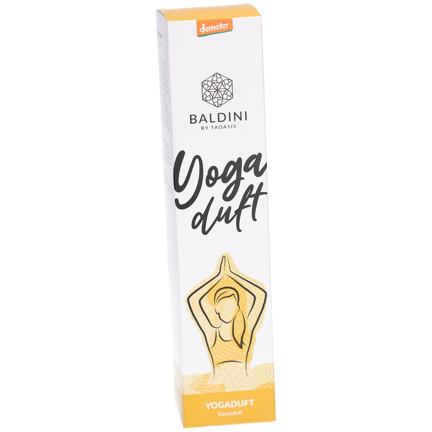 Weißer Karton mit Logo, Schriftzug "Yoga duft" und Abbildung einer Person in Yoga-Pose. Demeter-Siegel.