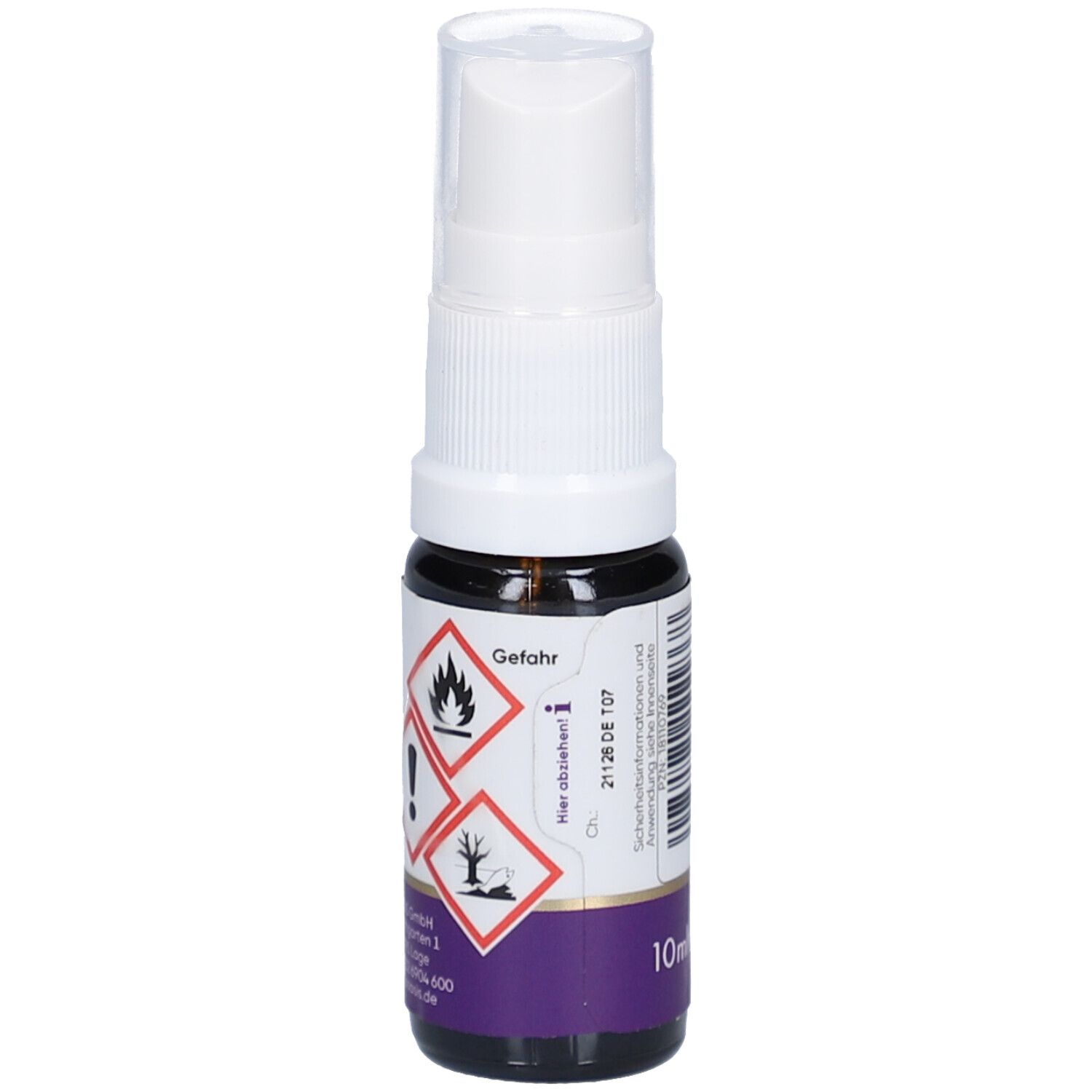 Braune Glasflasche mit weißem Sprühkopf. Gefahrensymbole. Aufschrift: Schlaf Gut, Raumspray. 10ml. Lila Etikett mit TAOASIS-Logo.