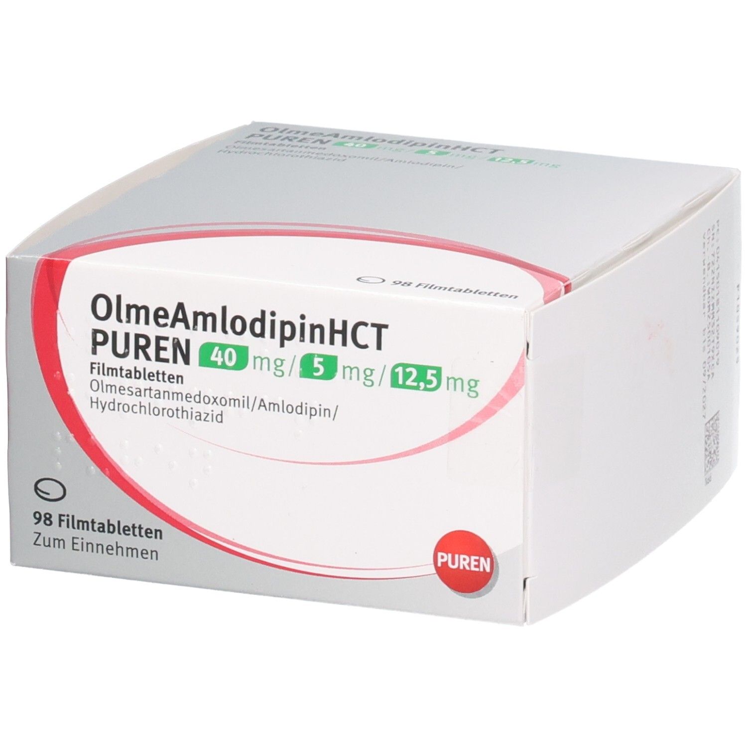 Weiße Faltschachtel mit Produktinformationen. Aufschrift: OlmeAmlodipinHCT PUREN 40mg/5mg/12,5mg. 98 Filmtabletten.