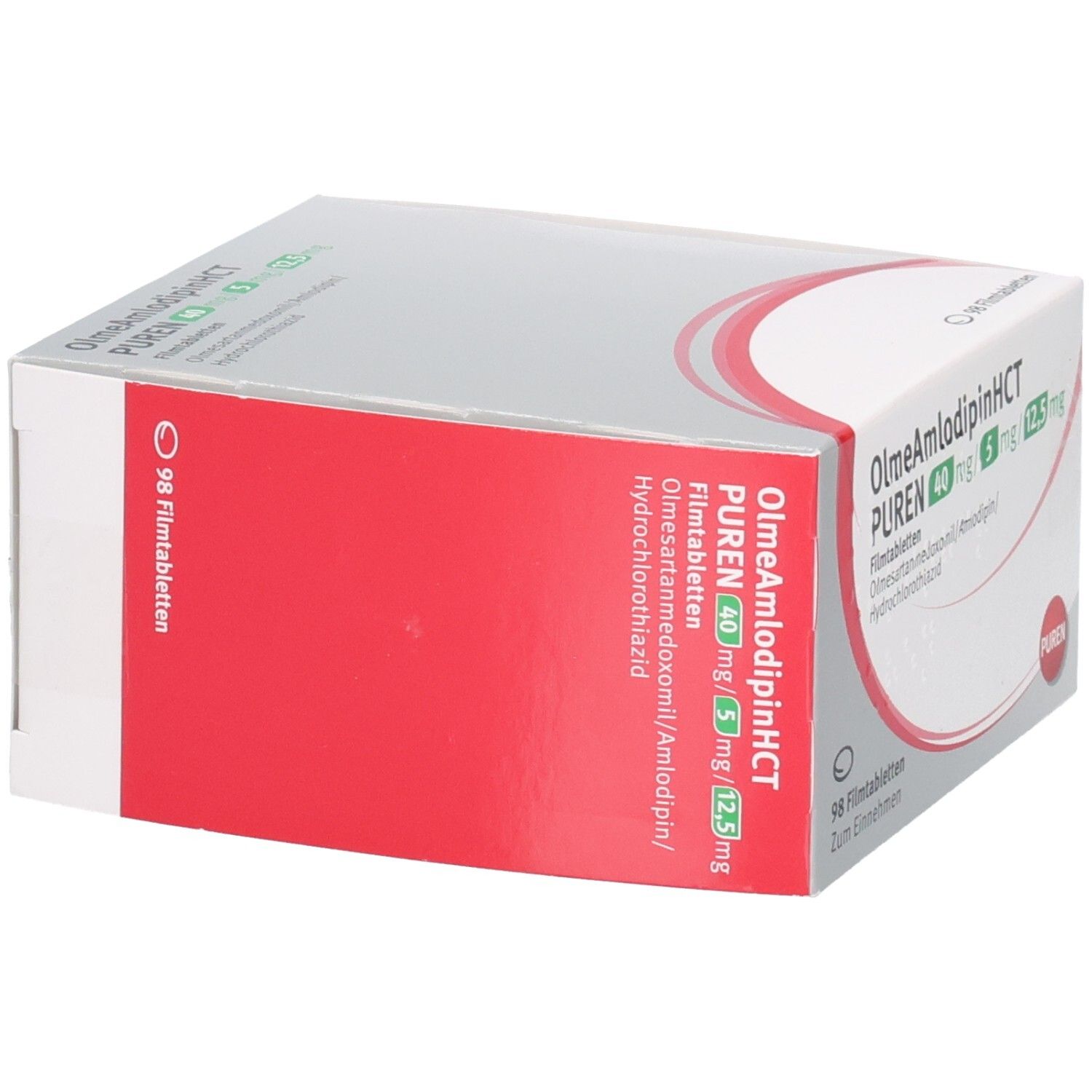 Weiße Faltschachtel mit roter Fläche. Aufschrift: OlmeAmlodipinHCT PUREN 40mg/5mg/12,5mg. 98 Filmtabletten.