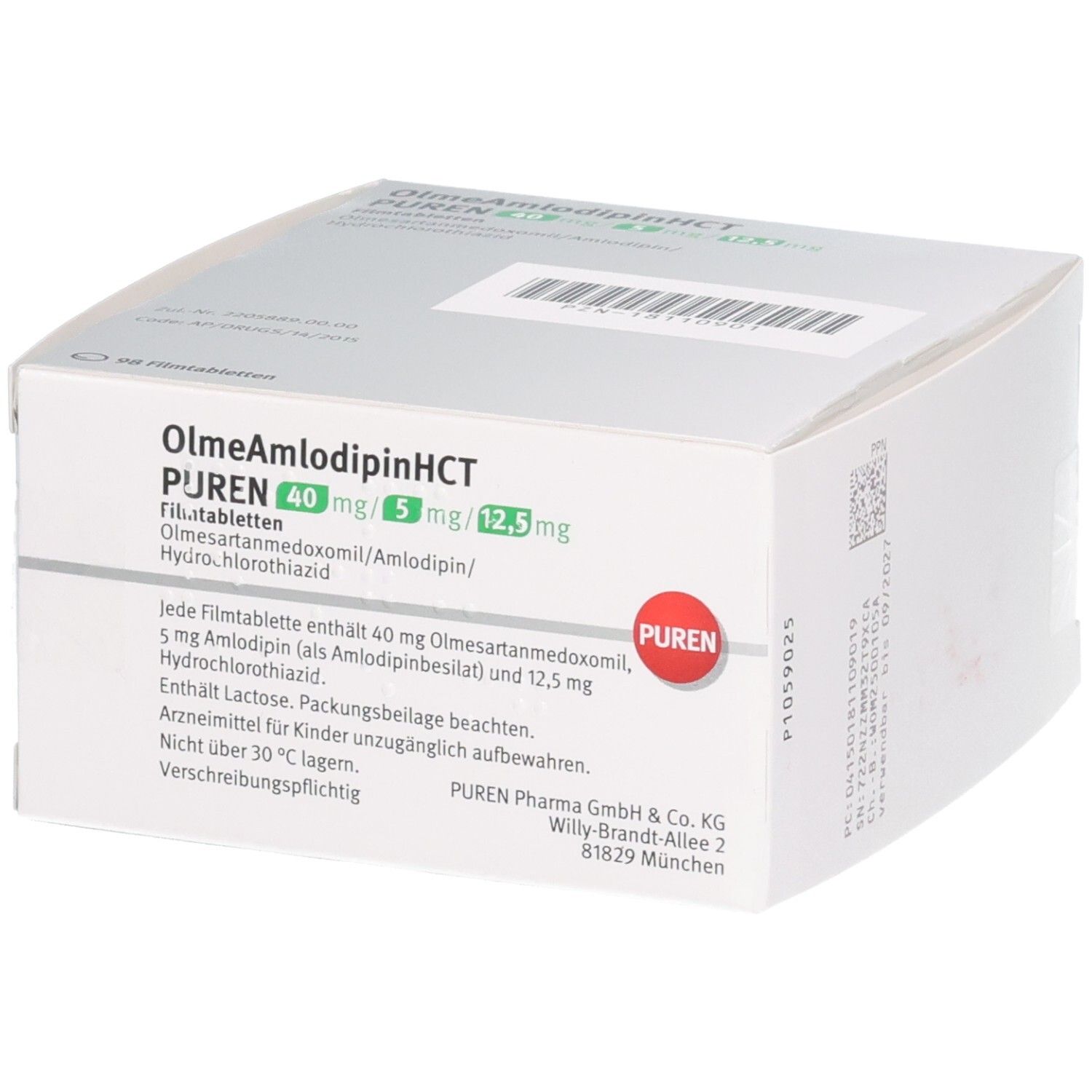 Weiße Faltschachtel mit Produktinformationen. Aufschrift: OlmeAmlodipinHCT PUREN 40mg/5mg/12,5mg. PUREN Logo.