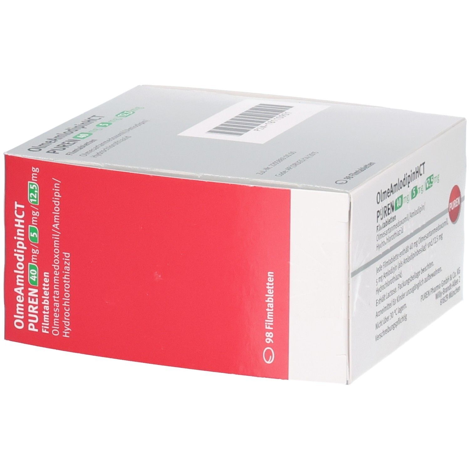 Weiße Faltschachtel mit roter Fläche. Aufschrift: OlmeAmlodipinHCT PUREN 40mg/5mg/12,5mg. 98 Filmtabletten.