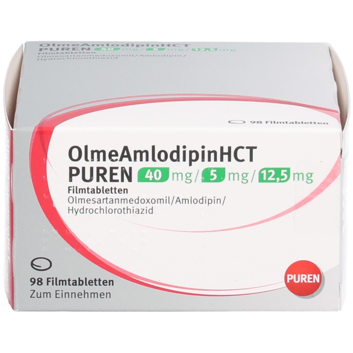 Weiße Faltschachtel mit Produktinformationen. Aufschrift: OlmeAmlodipinHCT PUREN 40mg/5mg/12,5mg. 98 Filmtabletten.