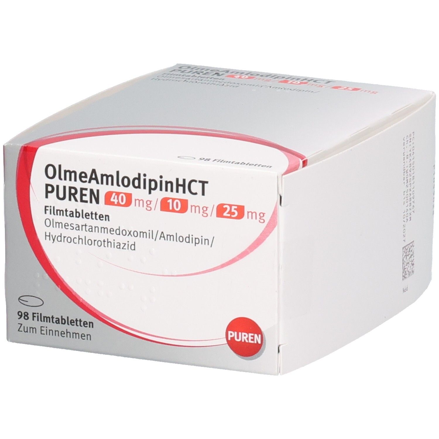 Weiße Schachtel mit roter Fläche. Aufschrift: OlmeAmlodipinHCT PUREN 40mg/10mg/25mg. 98 Filmtabletten. PUREN Logo.
