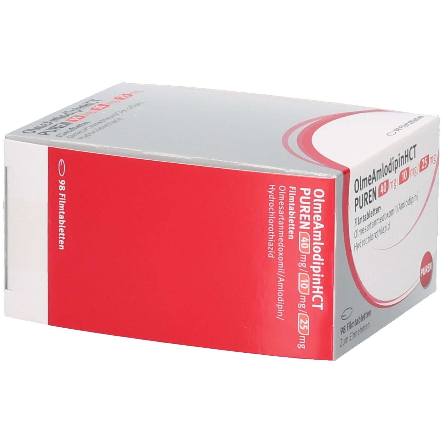 Schachtel, weiß und rot. Aufschrift: OlmeAmlodipinHCT PUREN 40mg/10mg/25mg. 98 Filmtabletten. PUREN Logo.