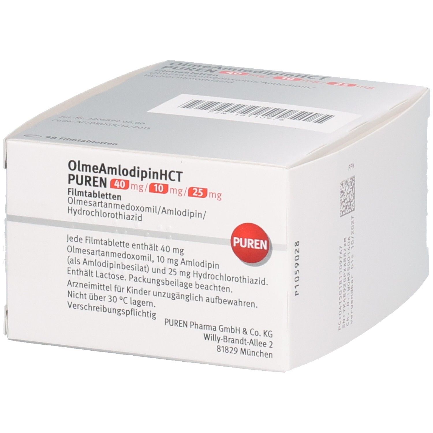 Weiße Schachtel mit roter Fläche. Aufschrift: OlmeAmlodipinHCT PUREN 40mg/10mg/25mg. PUREN Logo. Text auf Rückseite.