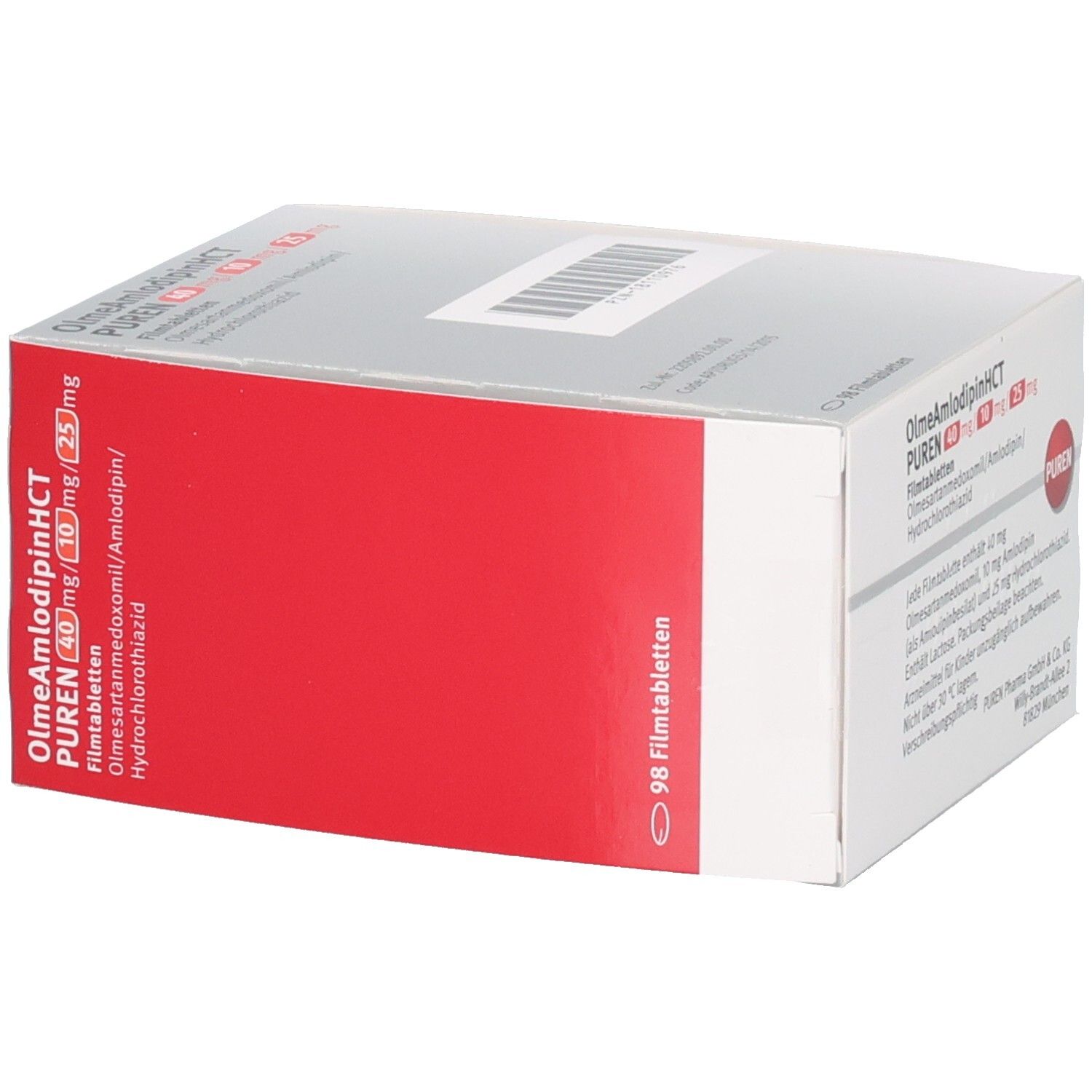 Schachtel, weiß und rot. Aufschrift: OlmeAmlodipinHCT PUREN 40mg/10mg/25mg. 98 Filmtabletten. PUREN Logo.