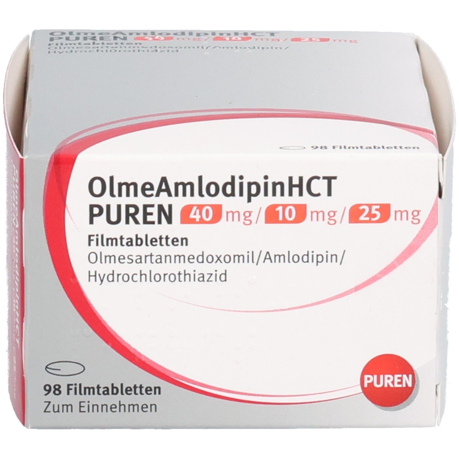 Weiße Schachtel mit roter Fläche. Aufschrift: OlmeAmlodipinHCT PUREN 40mg/10mg/25mg. 98 Filmtabletten. PUREN Logo.