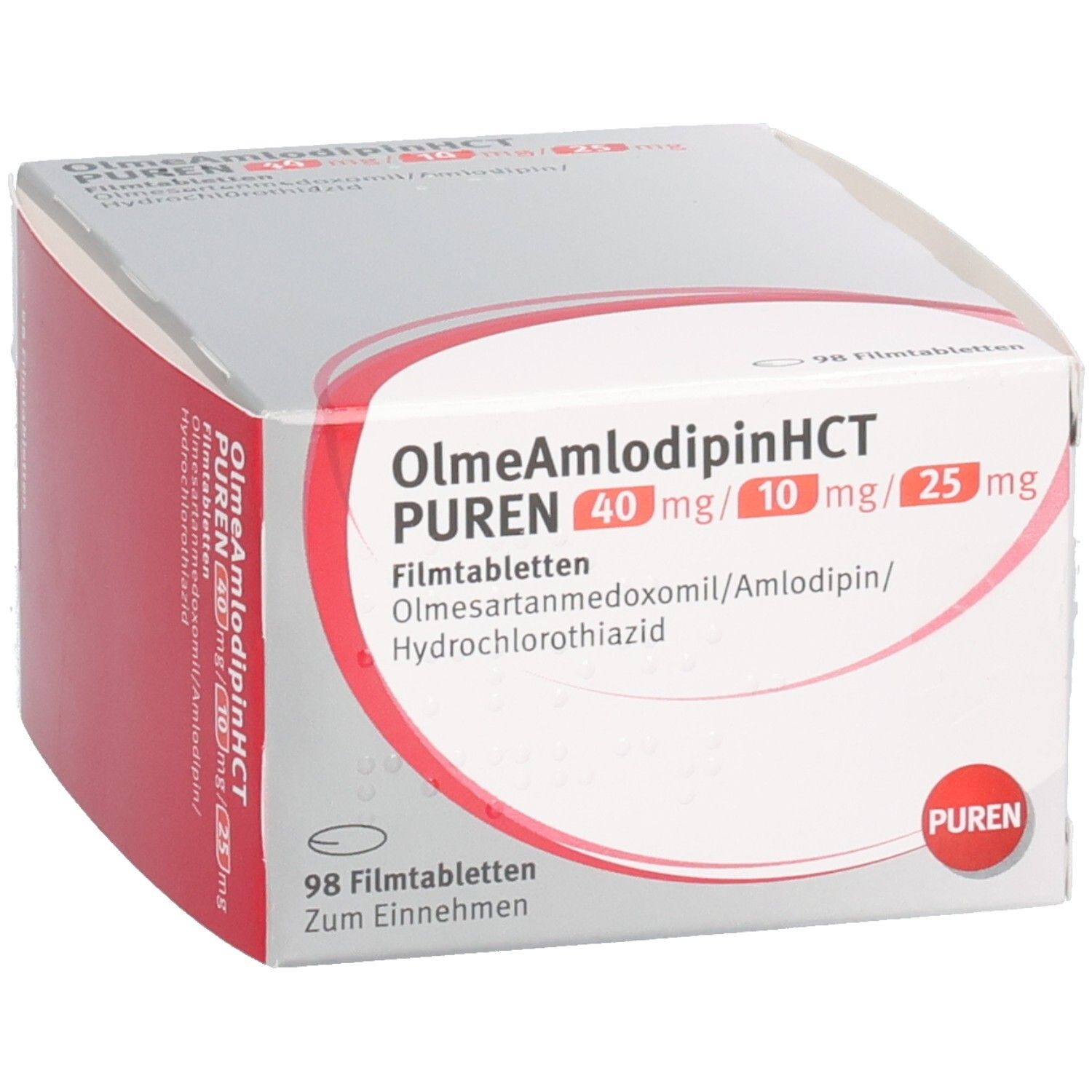Weiße Schachtel mit roter Fläche. Aufschrift: OlmeAmlodipinHCT PUREN 40mg/10mg/25mg. 98 Filmtabletten. PUREN Logo.