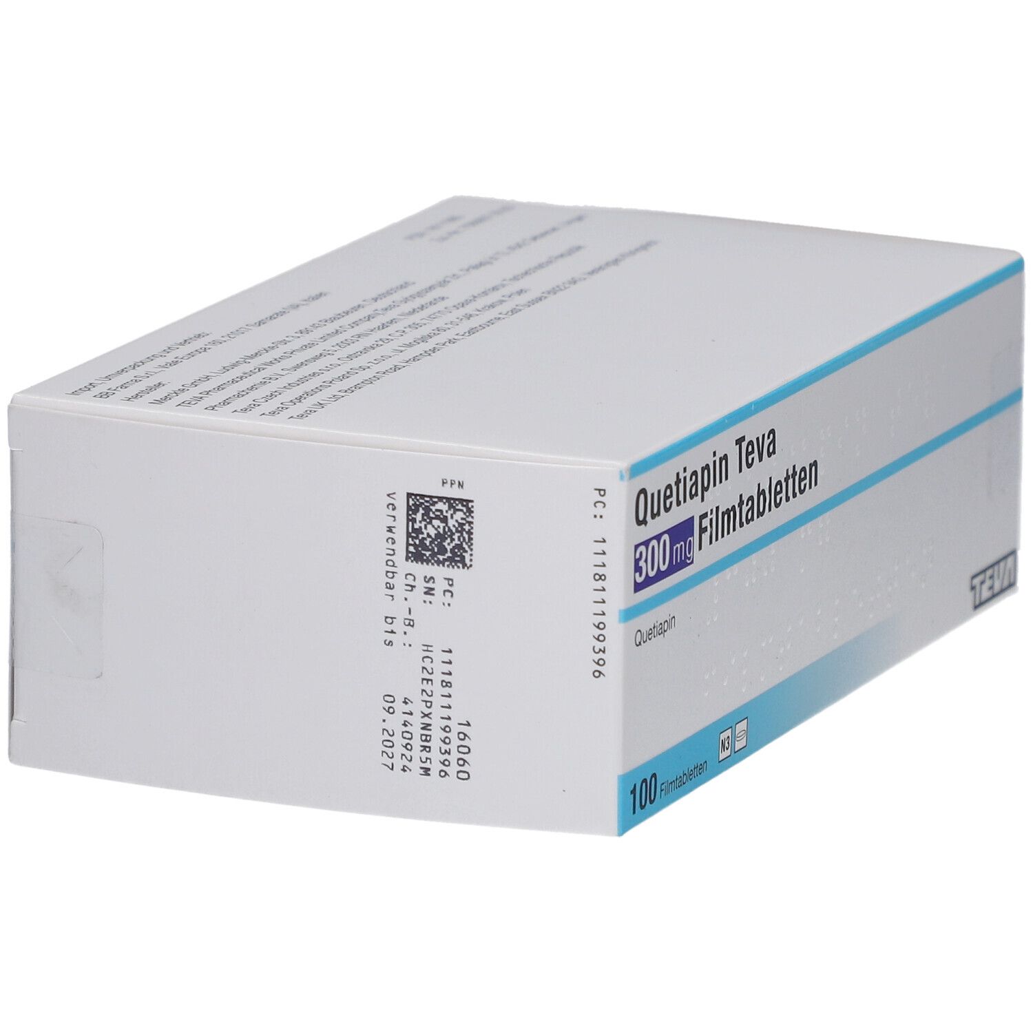 Schachtel Quetiapin Teva 300 mg Filmtabletten. Weiße Verpackung mit blauen Streifen. 100 Tabletten. Teva-Logo.