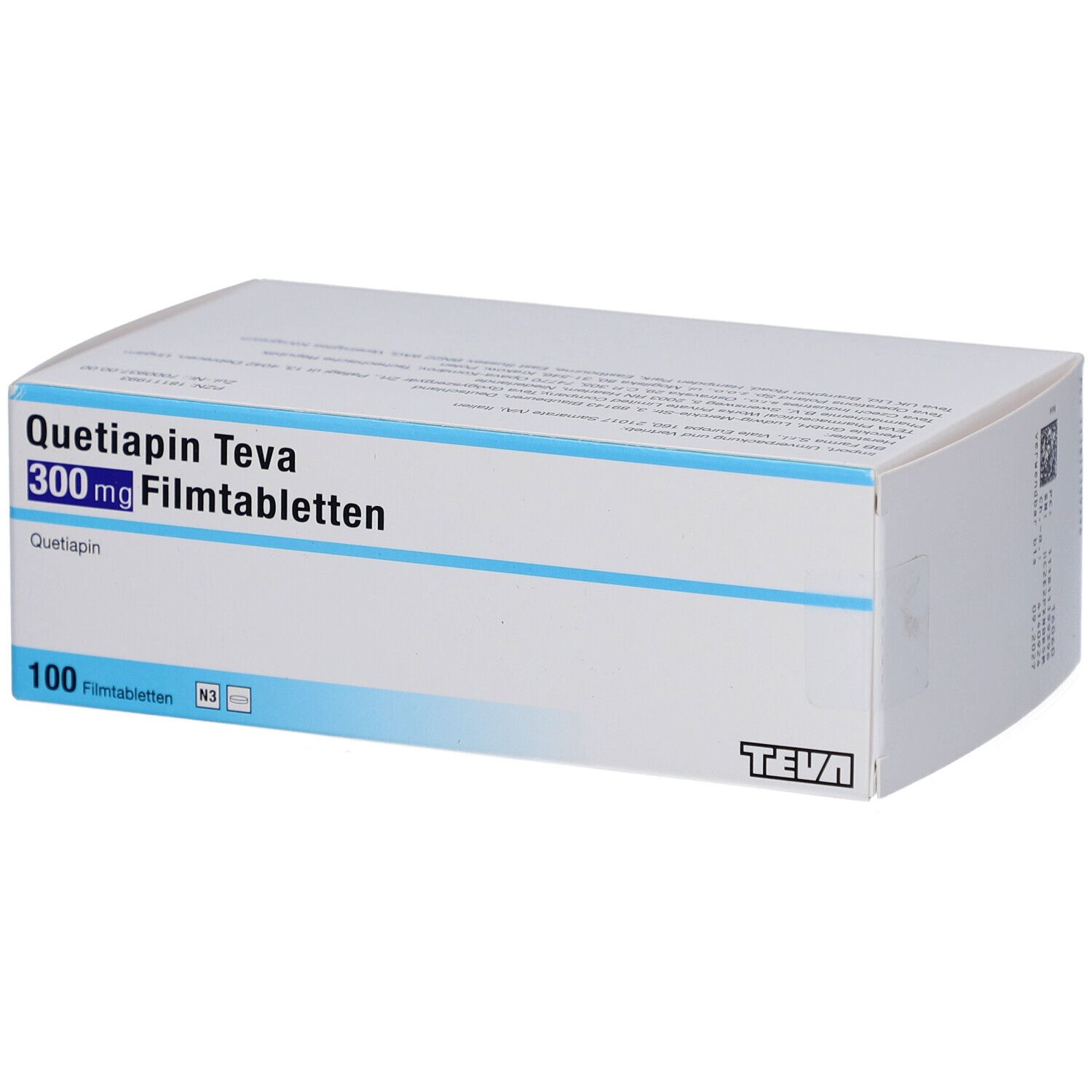 Schachtel Quetiapin Teva 300 mg Filmtabletten. Weiße Verpackung mit blauen Akzenten. 100 Tabletten. Teva-Logo.